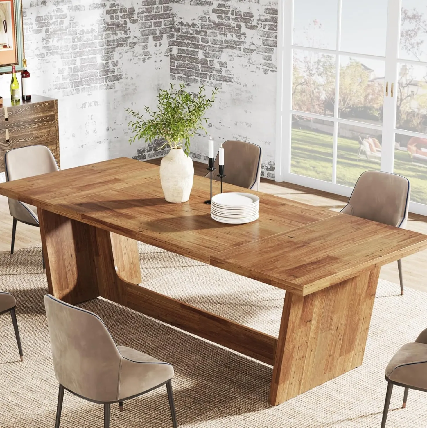 70.87" Rustic Brown Dining Table, Large Farmhouse Rectangular Table with Solid Pedestal Base
