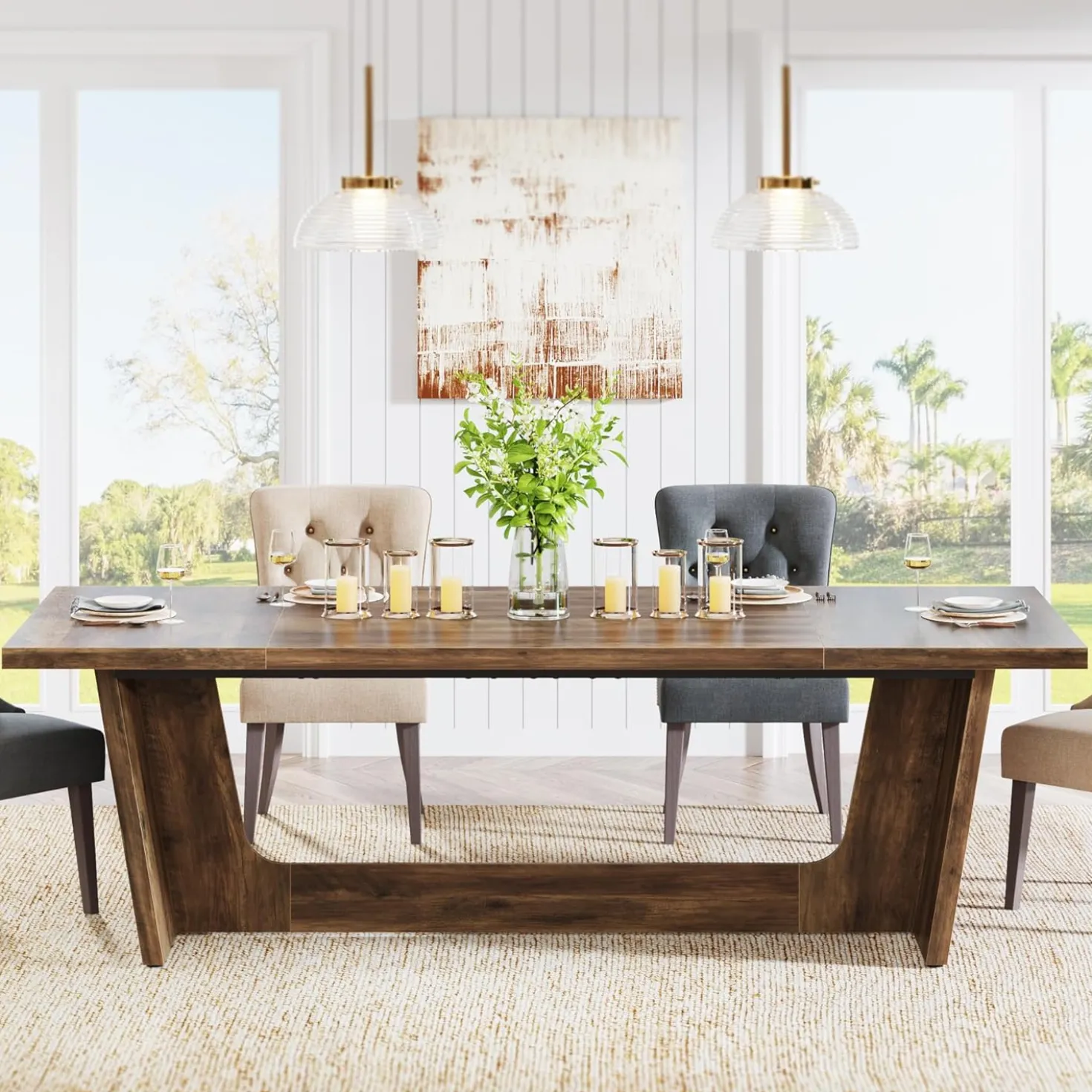 70.87" Rustic Brown Dining Table, Large Farmhouse Rectangular Table with Solid Pedestal Base