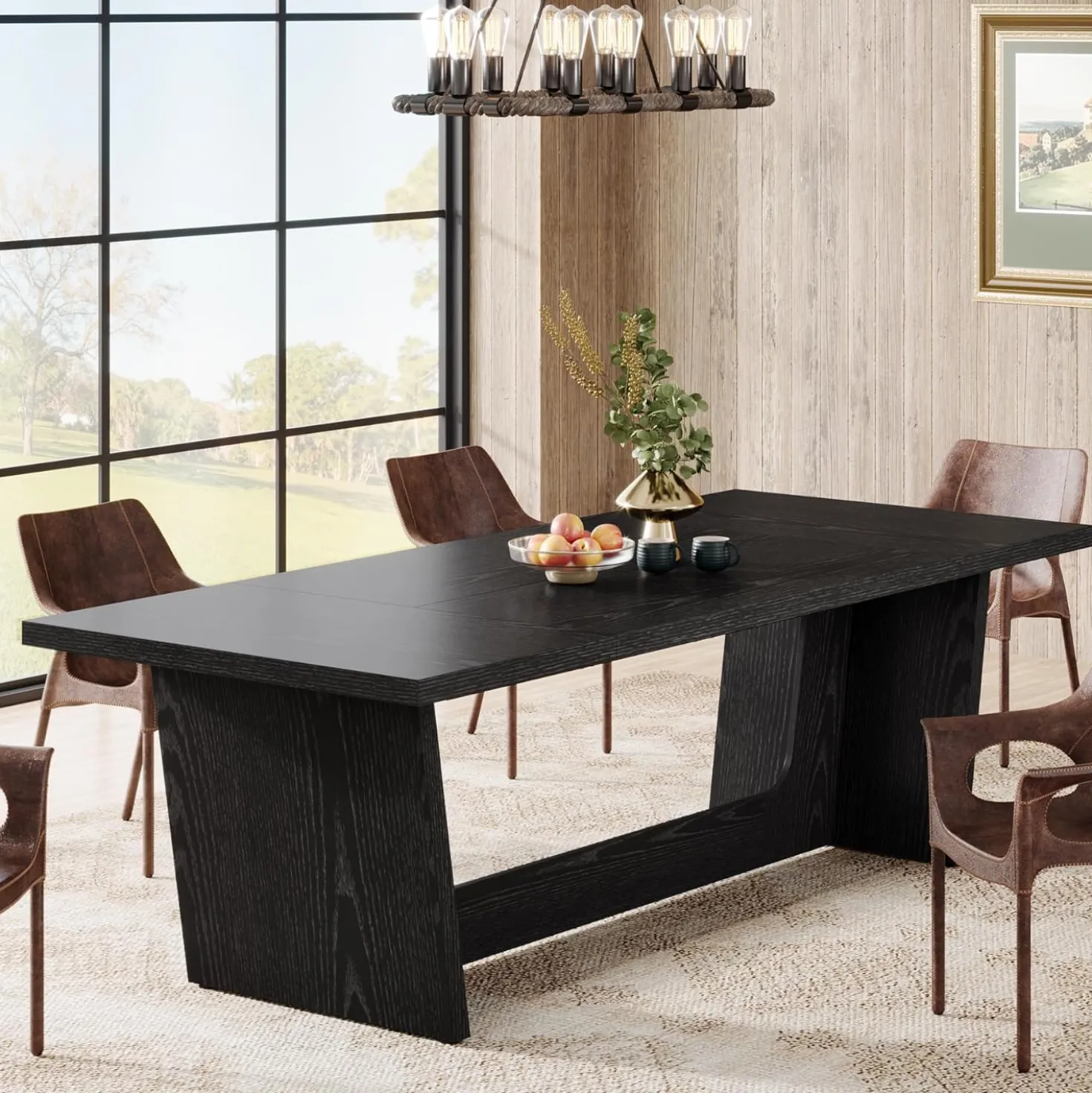 70.87" Rustic Brown Dining Table, Large Farmhouse Rectangular Table with Solid Pedestal Base
