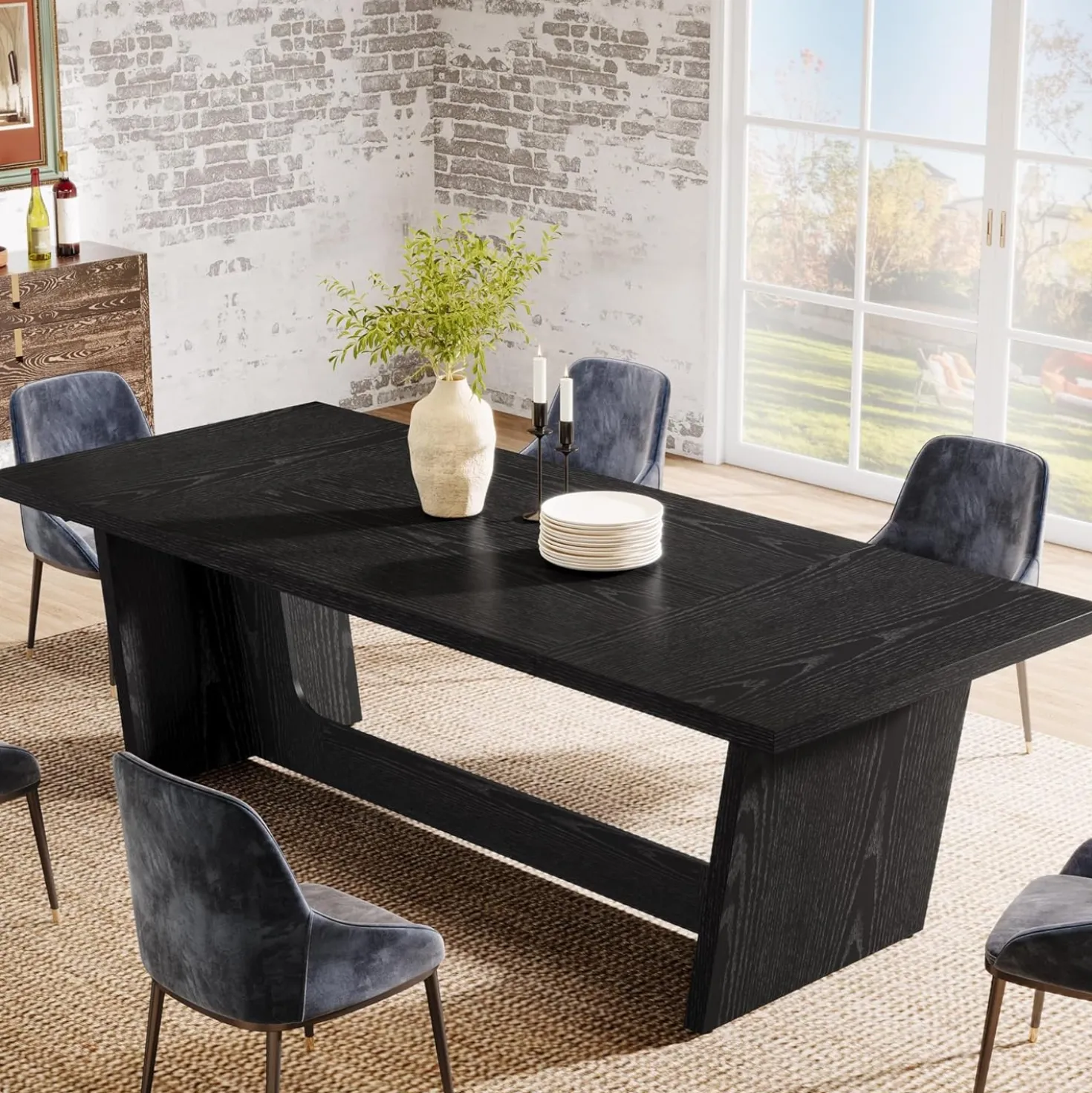 70.87" Rustic Brown Dining Table, Large Farmhouse Rectangular Table with Solid Pedestal Base