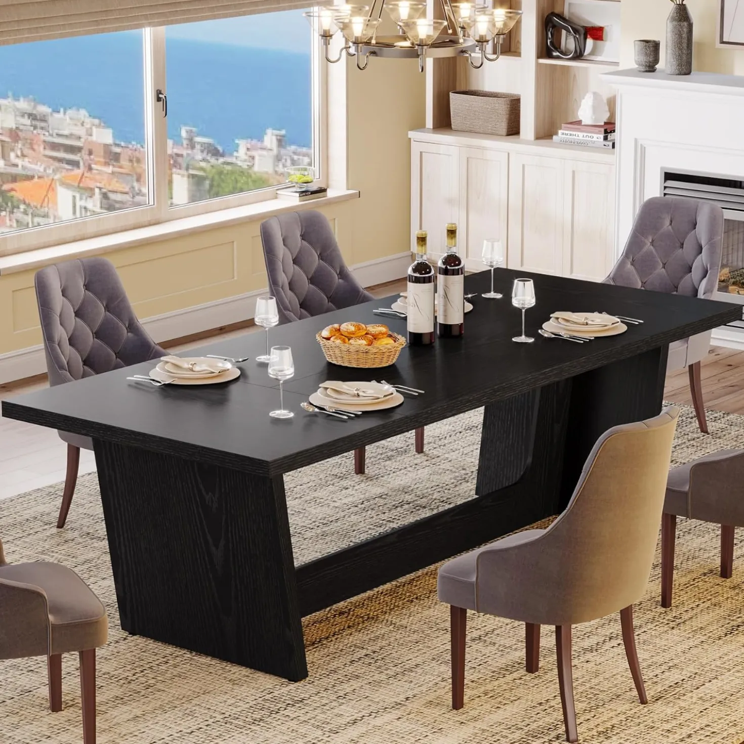 70.87" Rustic Brown Dining Table, Large Farmhouse Rectangular Table with Solid Pedestal Base