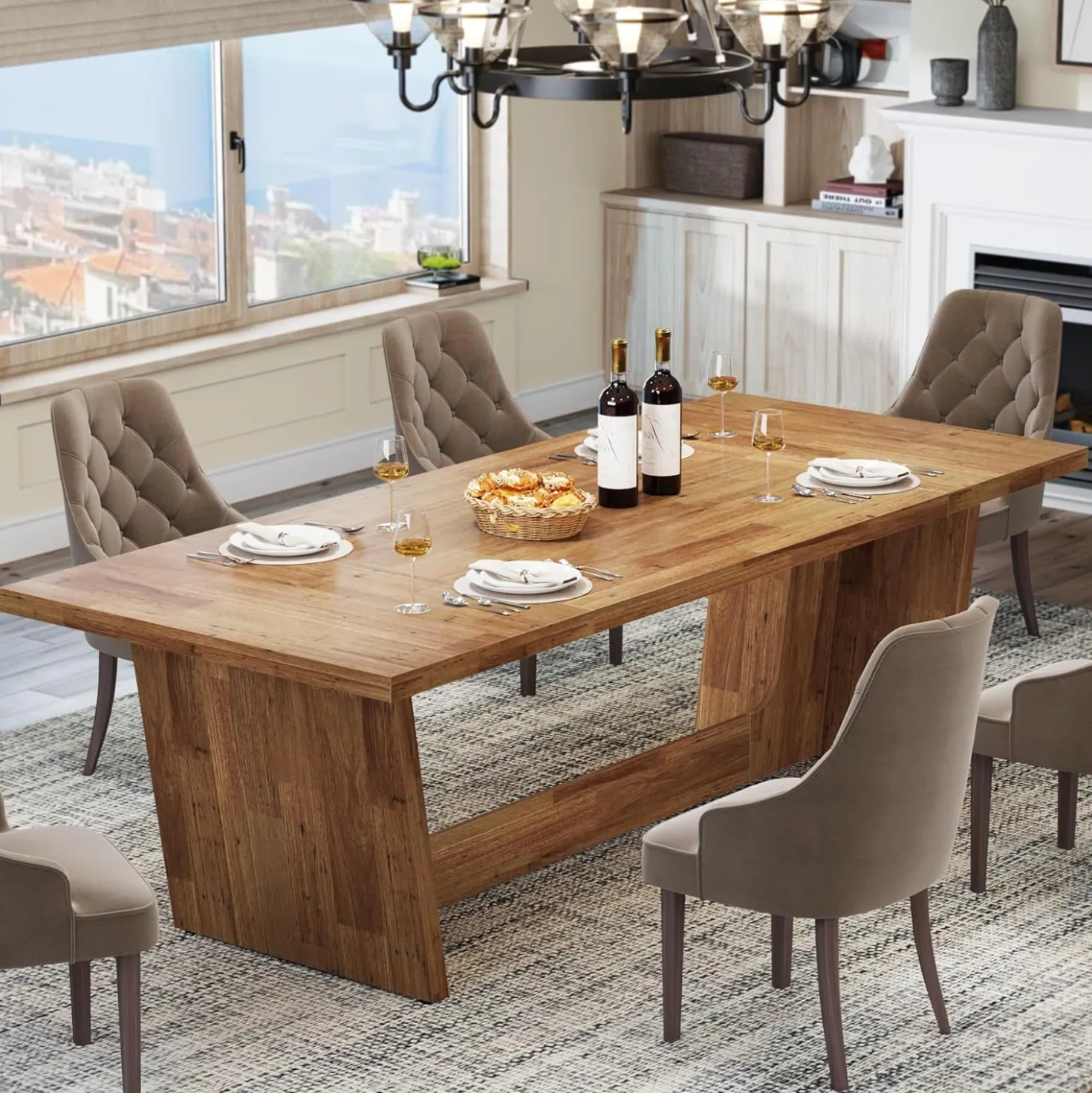 70.87" Rustic Brown Dining Table, Large Farmhouse Rectangular Table with Solid Pedestal Base