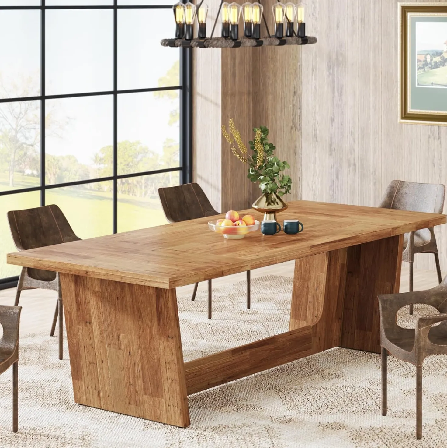 70.87" Rustic Brown Dining Table, Large Farmhouse Rectangular Table with Solid Pedestal Base