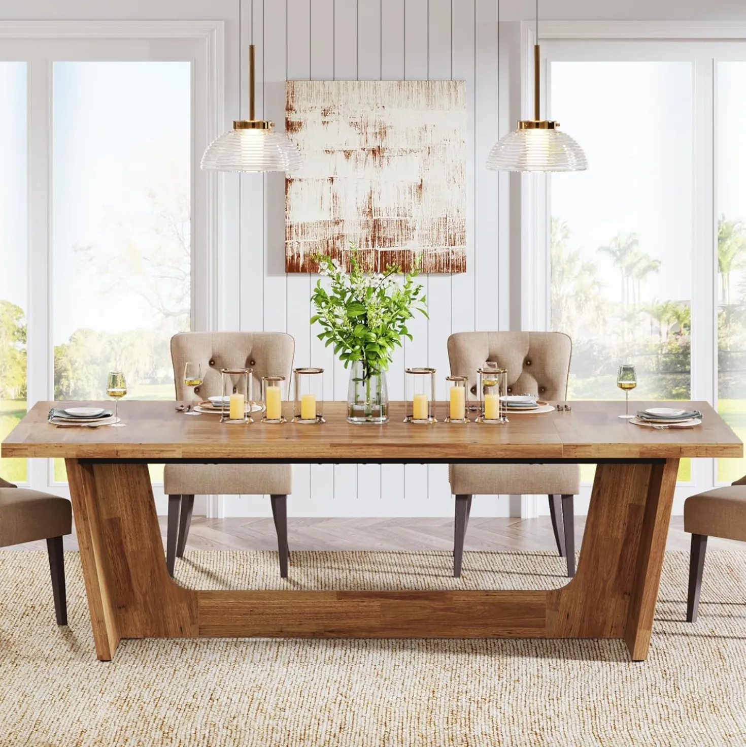 70.87" Rustic Brown Dining Table, Large Farmhouse Rectangular Table with Solid Pedestal Base