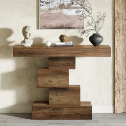 42.5" Rustic Brown Farmhouse Console, Industrial Geometric Sofa Table for Hallway Entrance