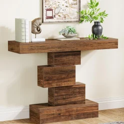 42.5" Rustic Brown Farmhouse Console, Industrial Geometric Sofa Table for Hallway Entrance