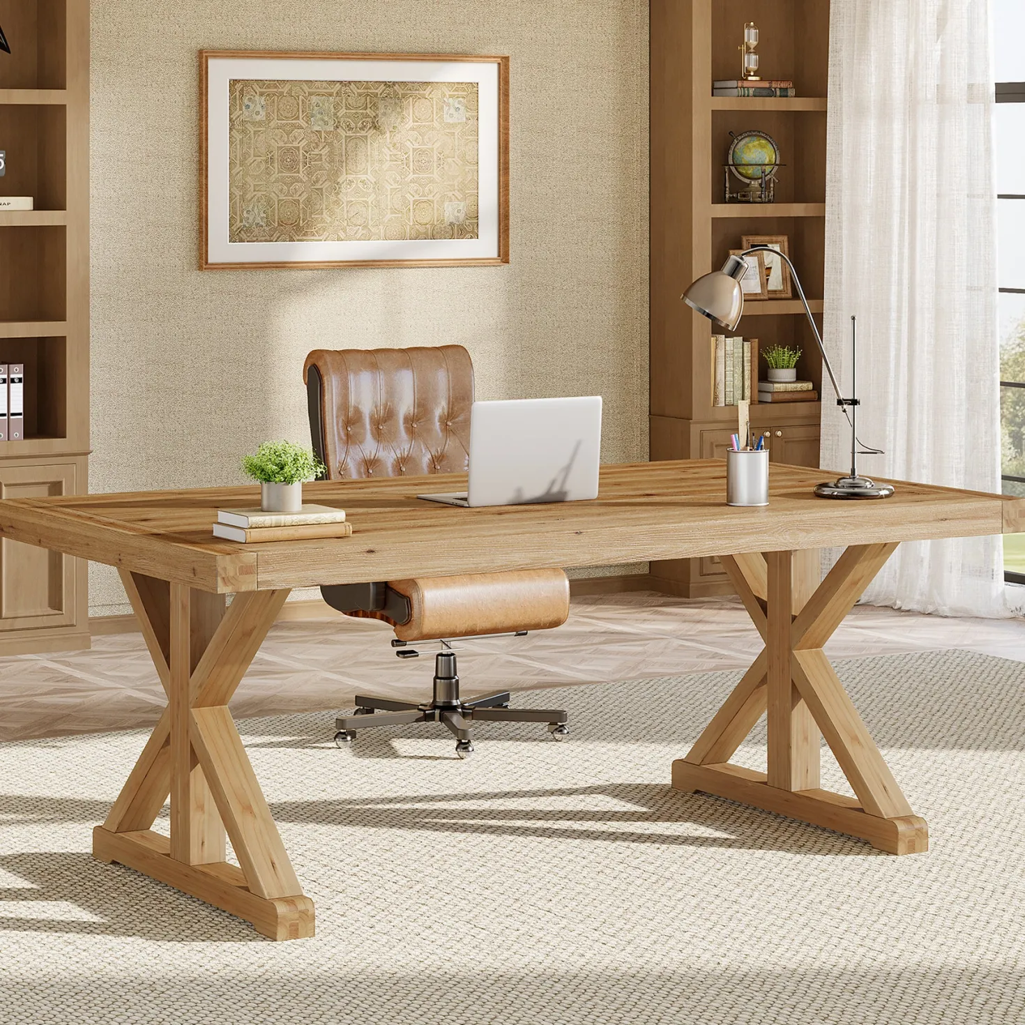 63" Rustic Computer Desk, Solid Wood Executive Desk for Office