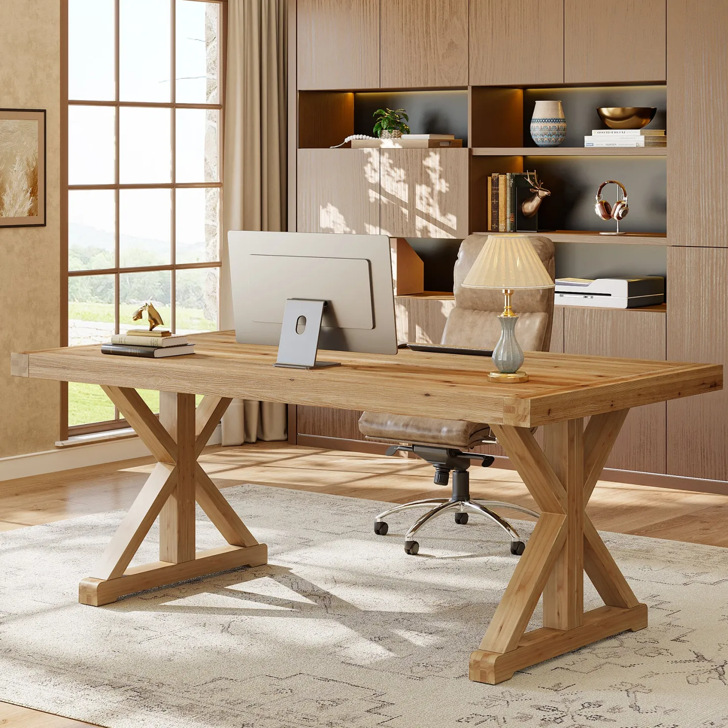 63" Rustic Computer Desk, Solid Wood Executive Desk for Office