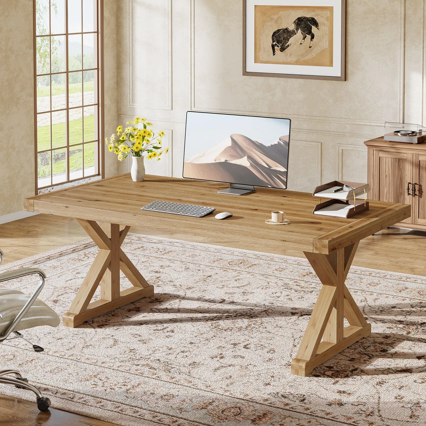 63" Rustic Computer Desk, Solid Wood Executive Desk for Office