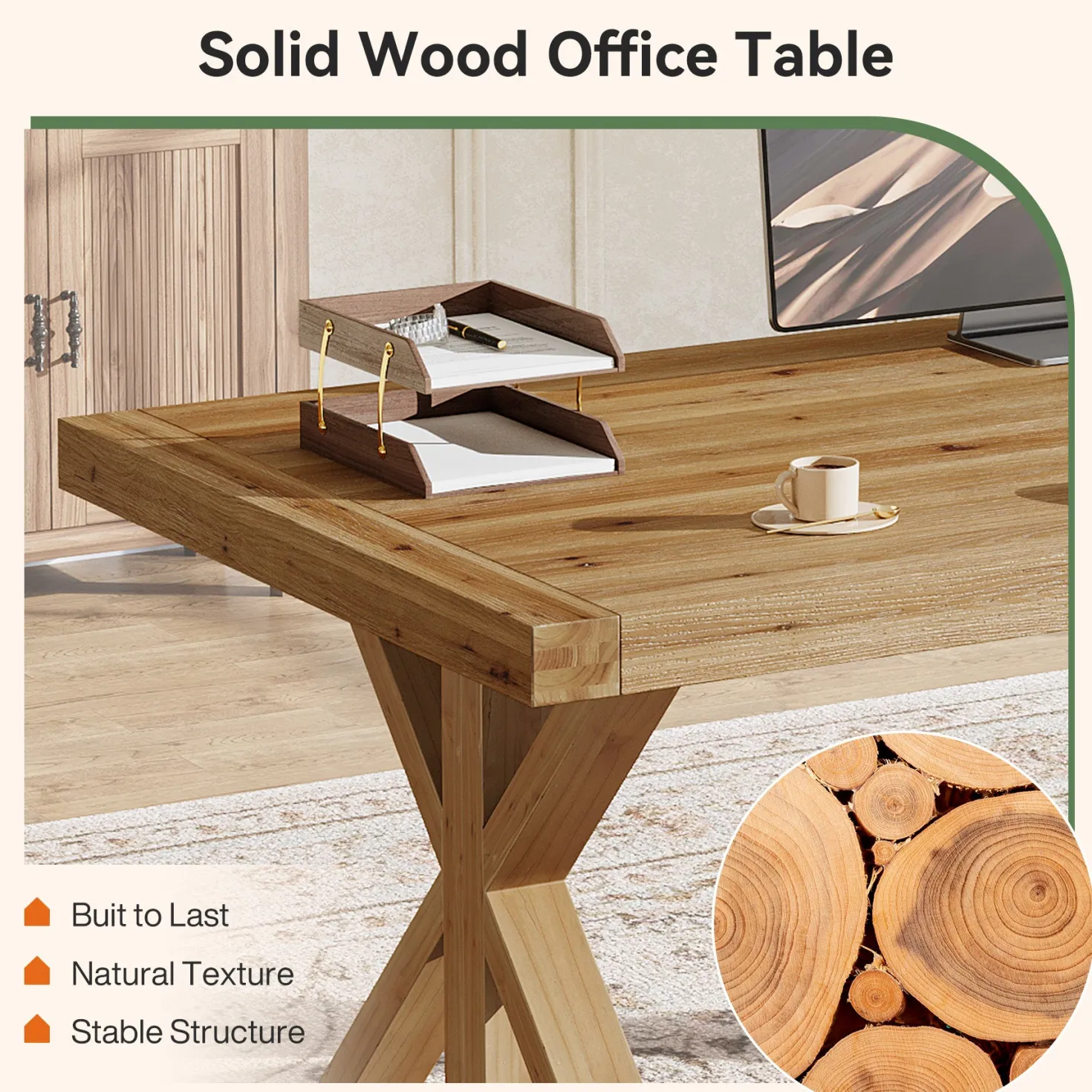 63" Rustic Computer Desk, Solid Wood Executive Desk for Office