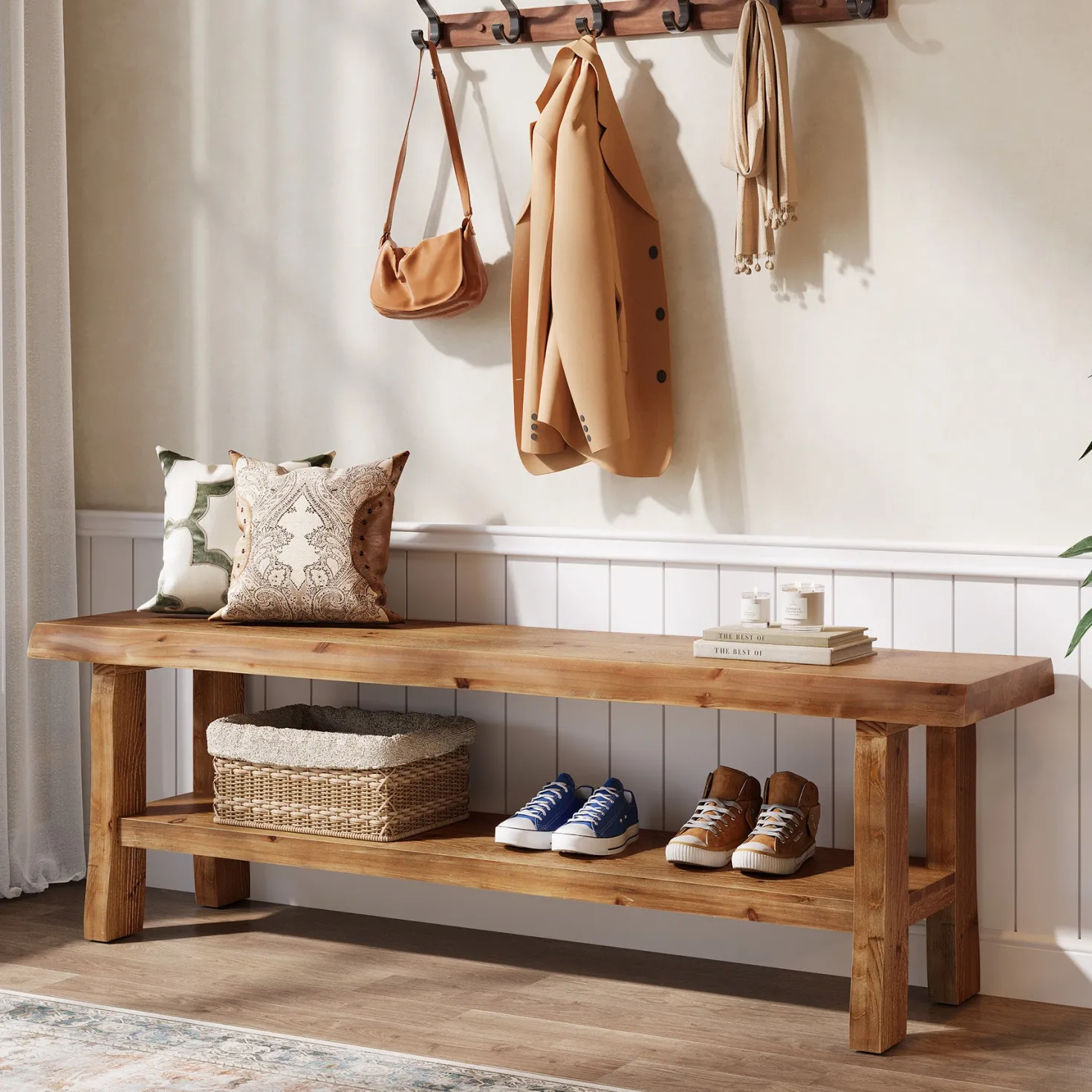55" Shoe Bench, Solid Wood Entryway Bench End of Bed Stool with Lower Shelf