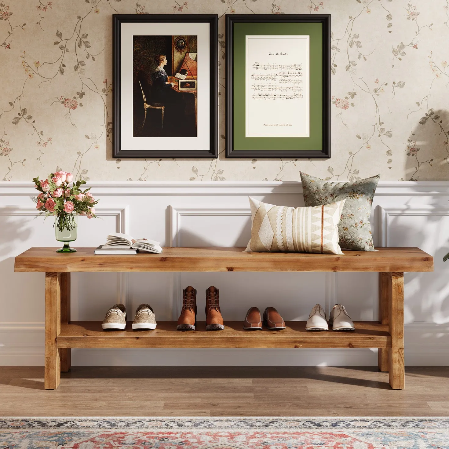 55" Shoe Bench, Solid Wood Entryway Bench End of Bed Stool with Lower Shelf