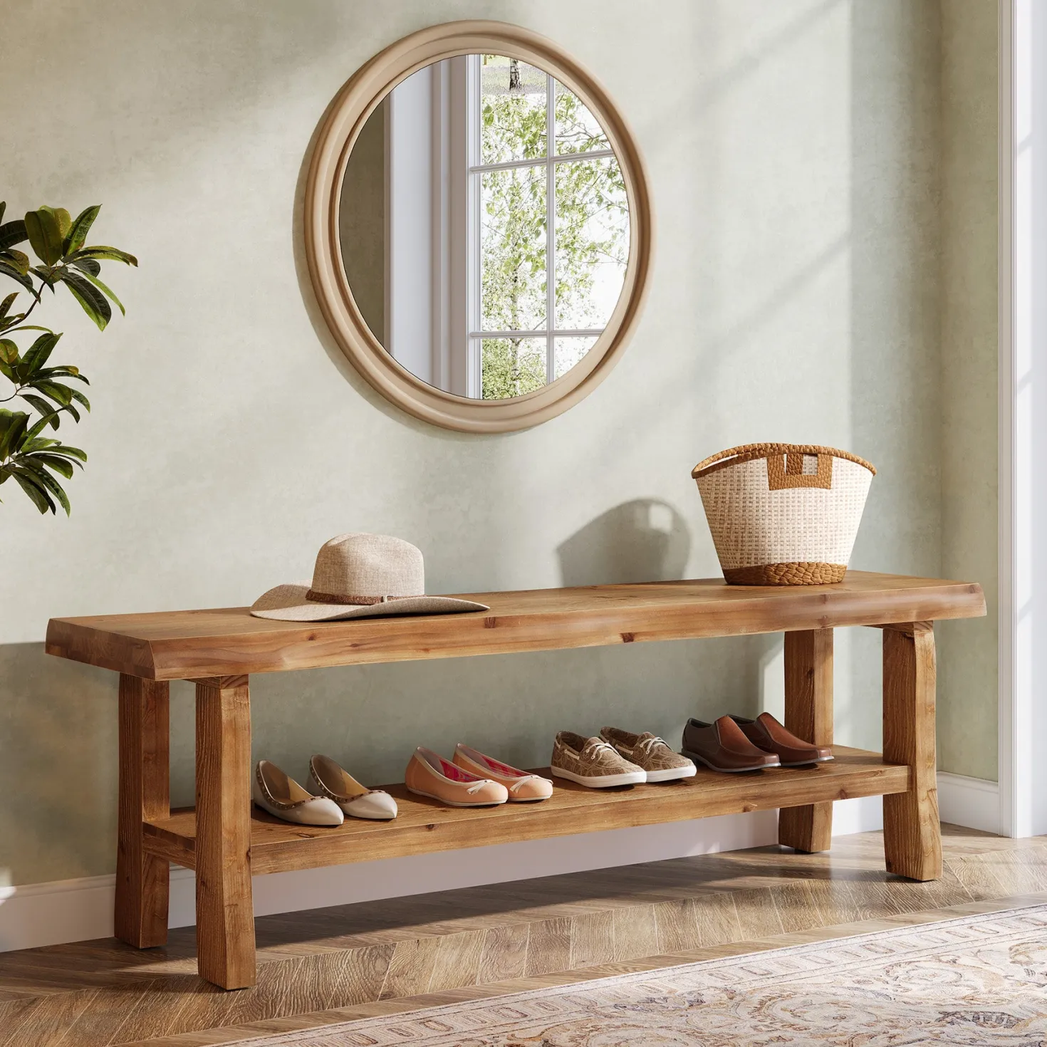 55" Shoe Bench, Solid Wood Entryway Bench End of Bed Stool with Lower Shelf