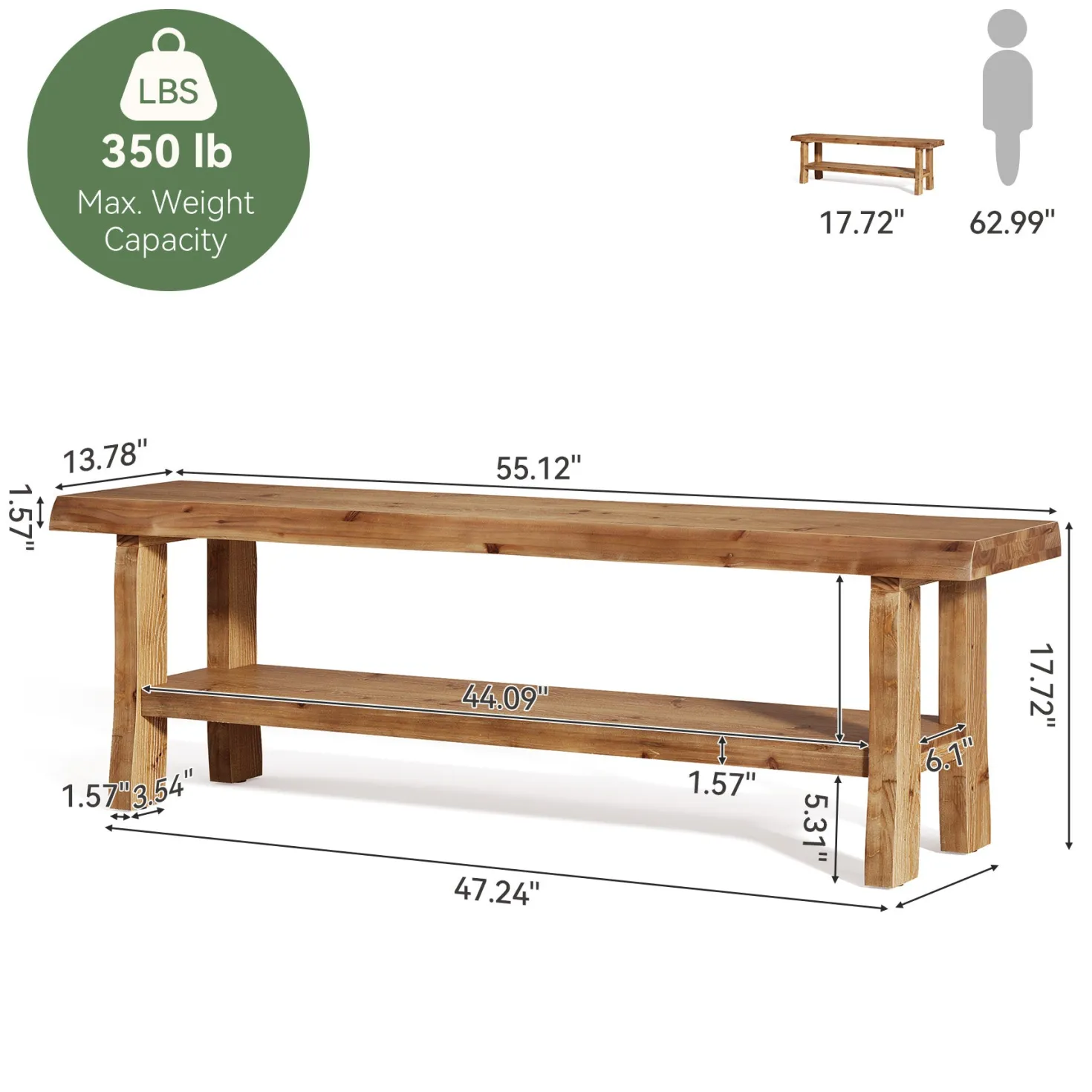 55" Shoe Bench, Solid Wood Entryway Bench End of Bed Stool with Lower Shelf
