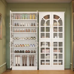69" Shoe Cabinet, 8-Tier Shoe Rack Organizer with Doors and Led Lights