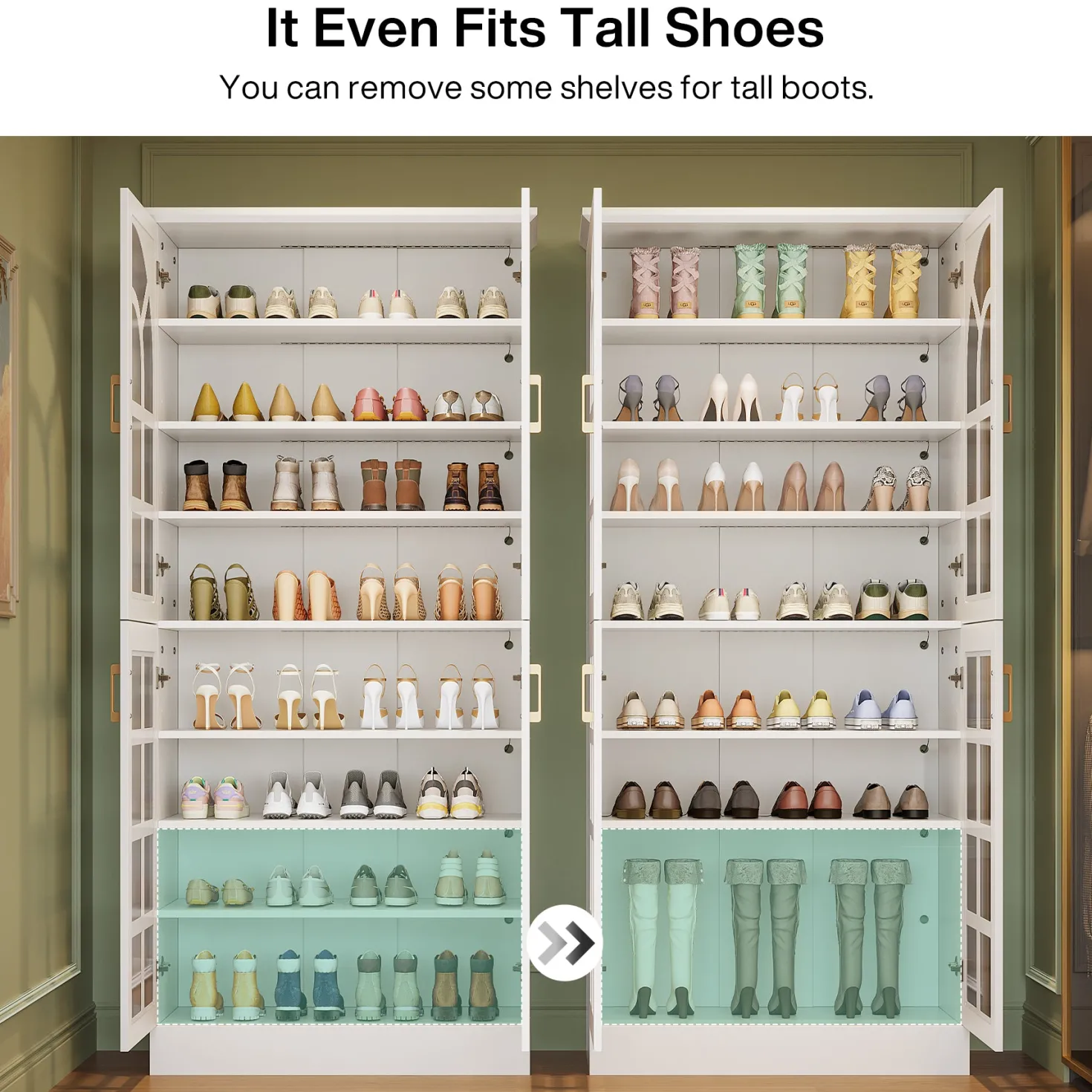 69" Shoe Cabinet, 8-Tier Shoe Rack Organizer with Doors and Led Lights