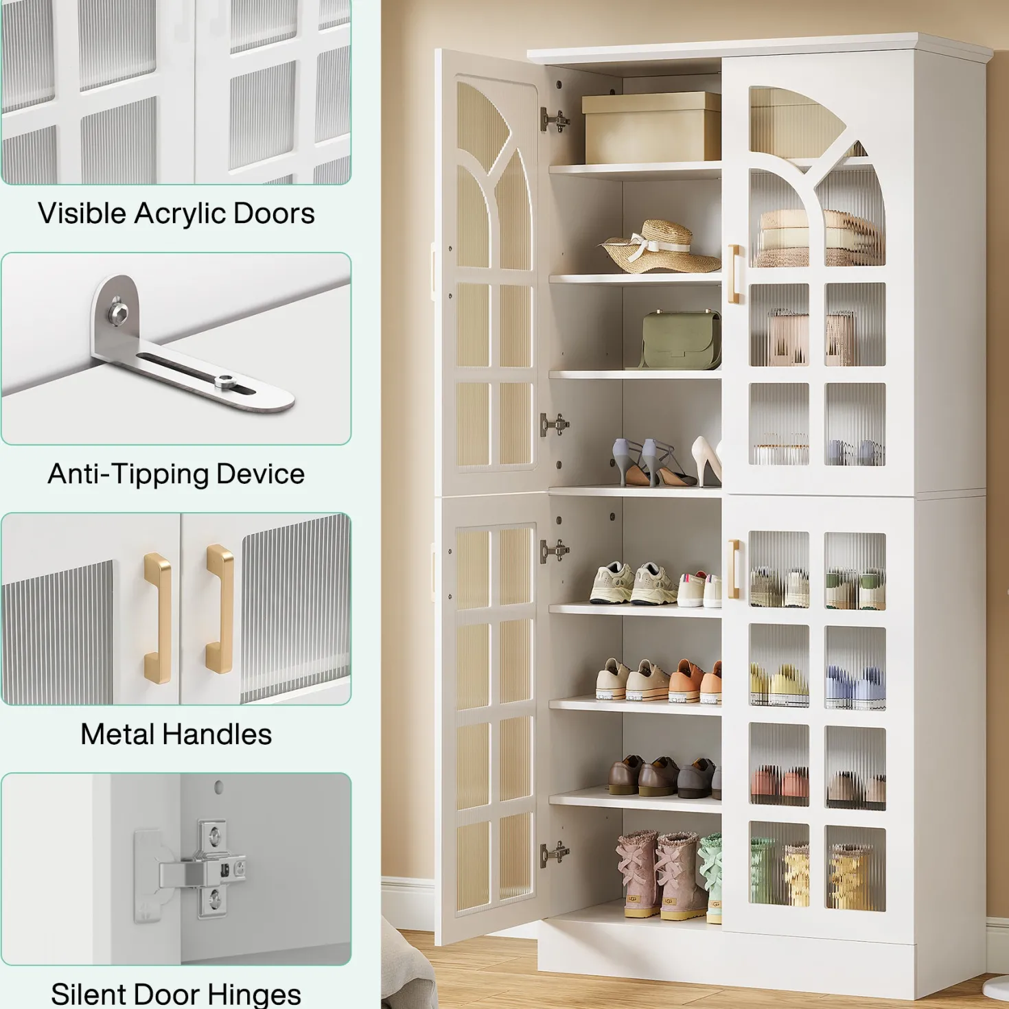 69" Shoe Cabinet, 8-Tier Shoe Rack Organizer with Doors and Led Lights