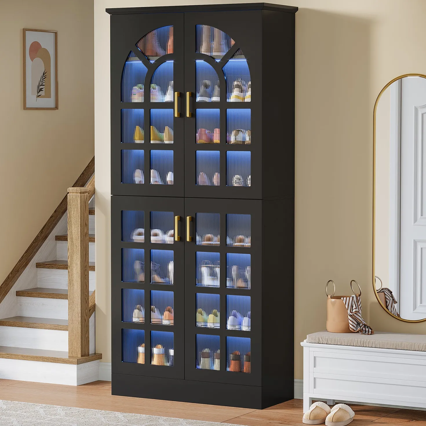 69" Shoe Cabinet, 8-Tier Shoe Rack Organizer with Doors and Led Lights