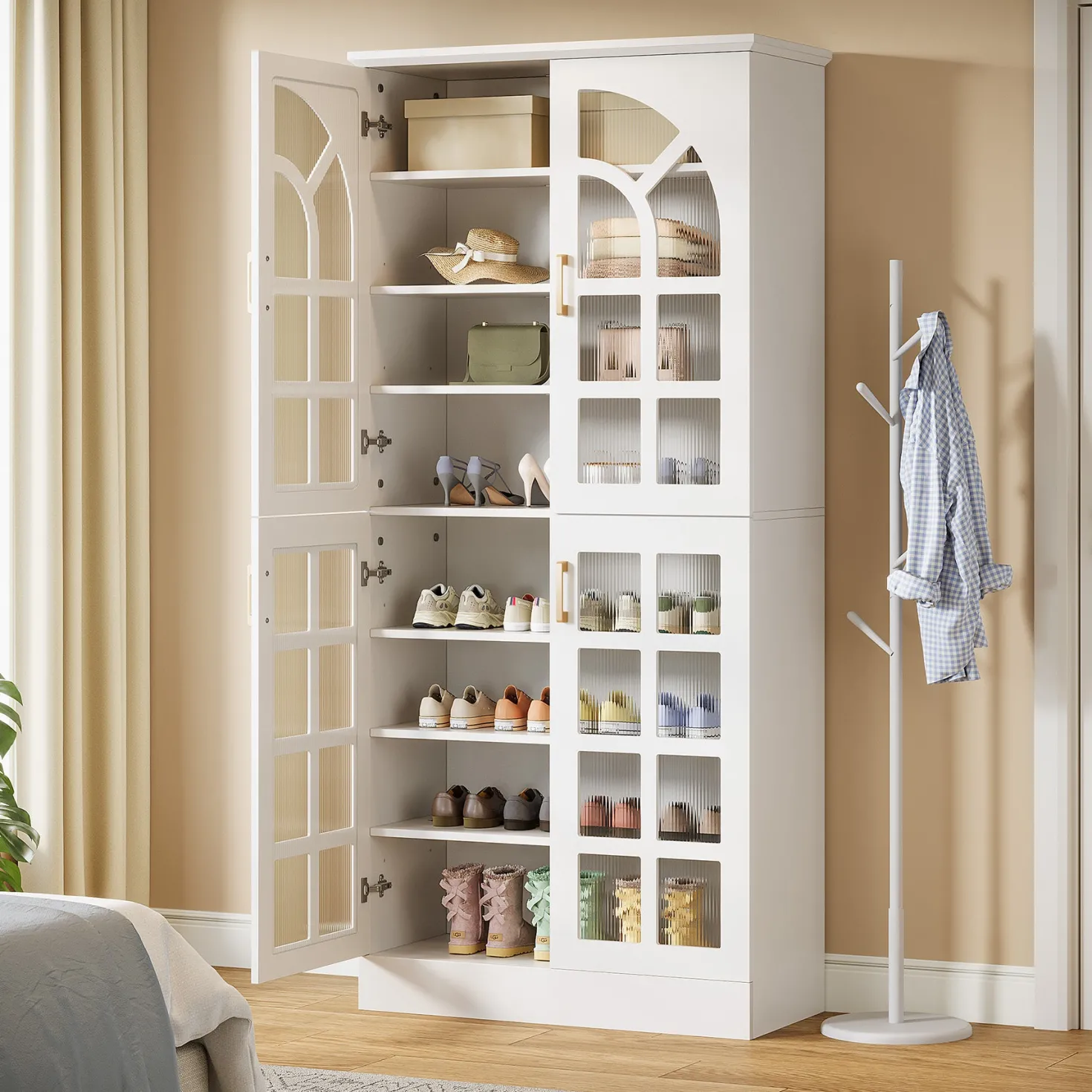69" Shoe Cabinet, 8-Tier Shoe Rack Organizer with Doors and Led Lights