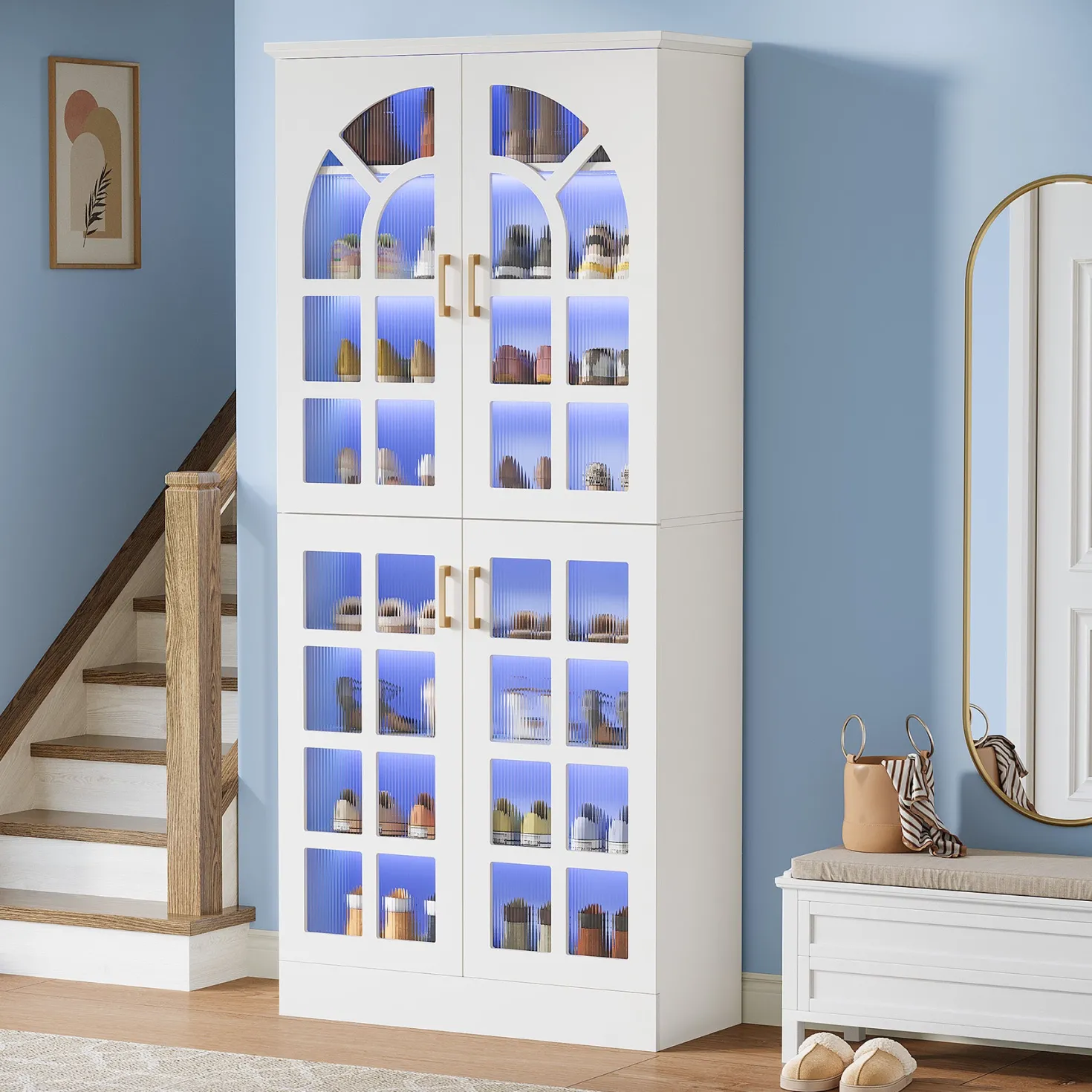 69" Shoe Cabinet, 8-Tier Shoe Rack Organizer with Doors and Led Lights