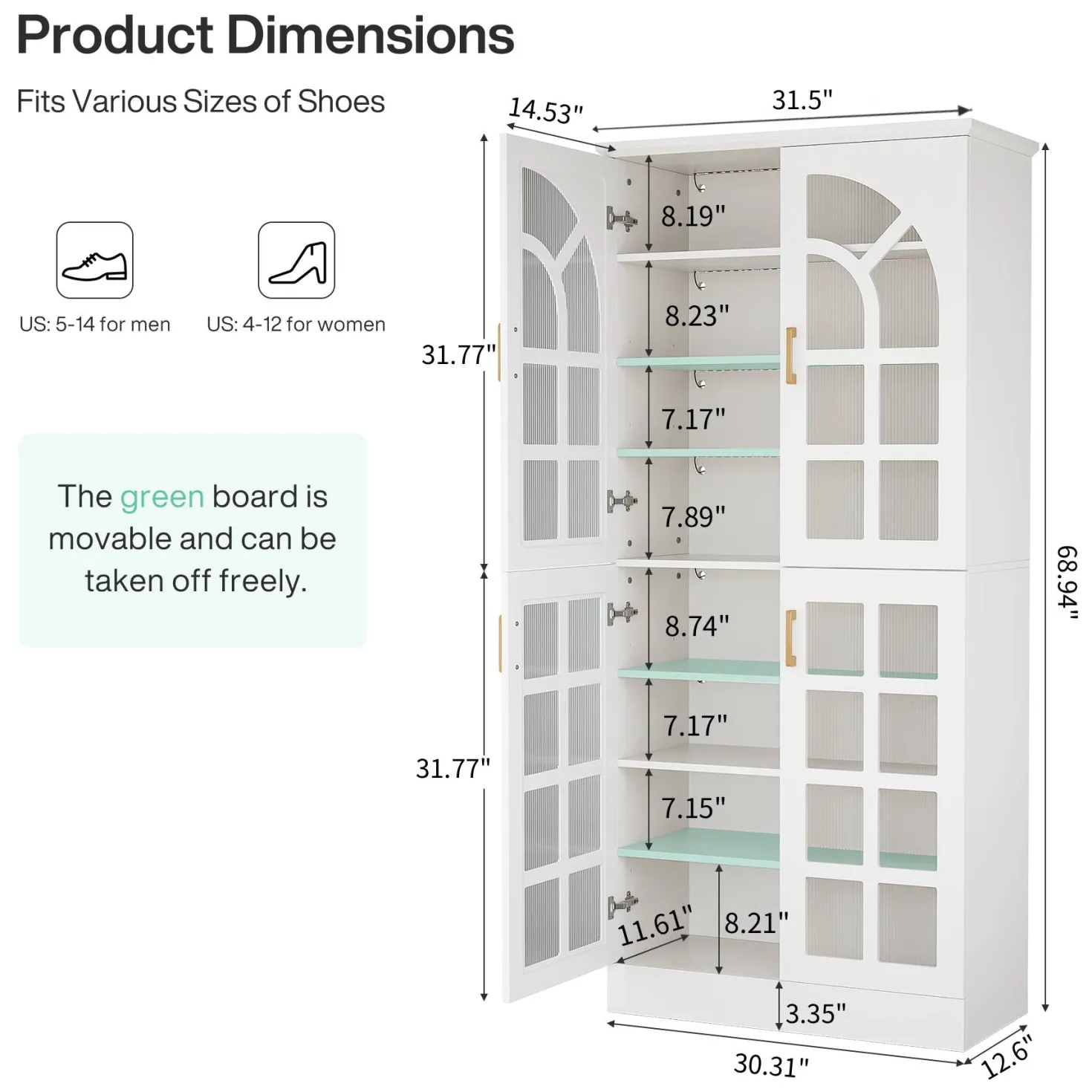 69" Shoe Cabinet, 8-Tier Shoe Rack Organizer with Doors and Led Lights