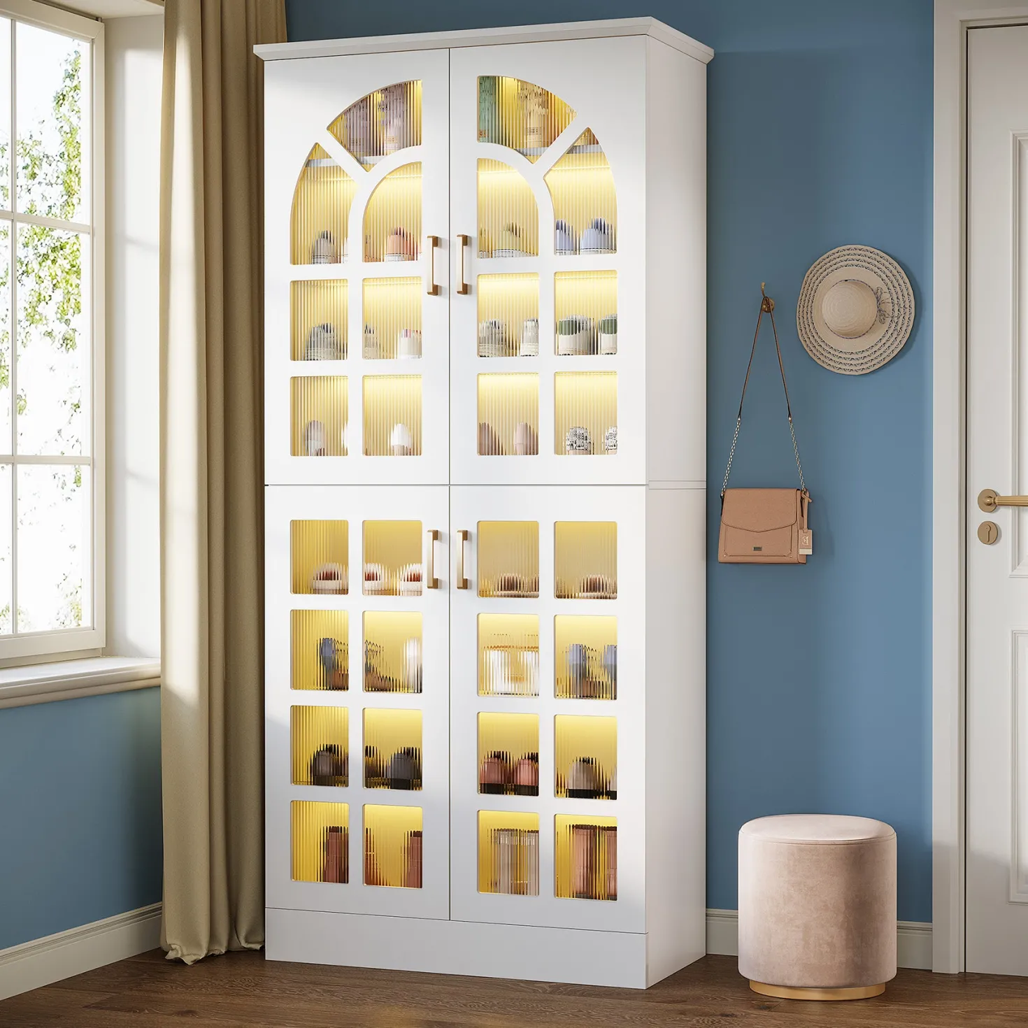69" Shoe Cabinet, 8-Tier Shoe Rack Organizer with Doors and Led Lights