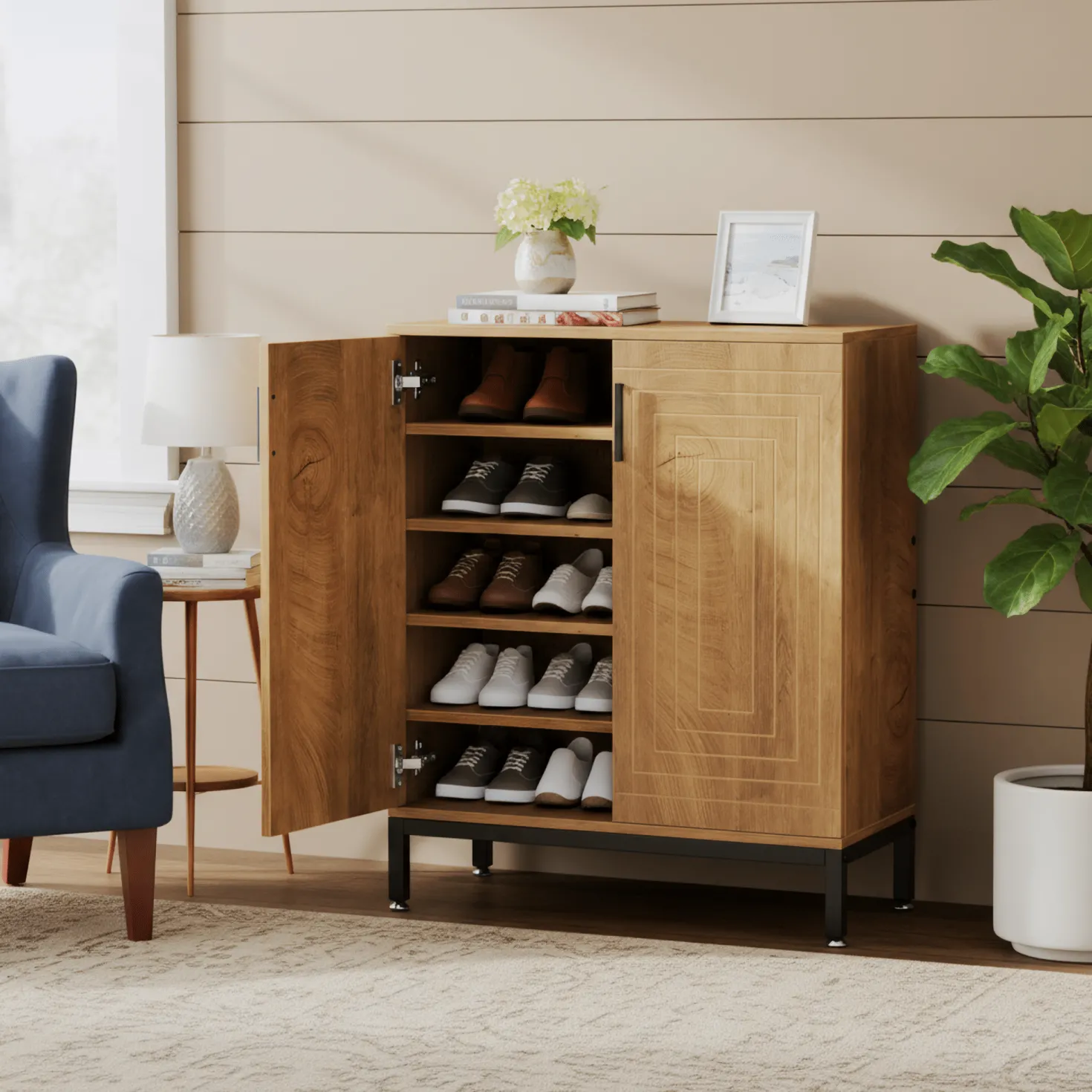 31.49" Shoe Cabinet with Doors for 20 Pairs, 5 Tier Modern Freestanding Shoe Storage Organizer