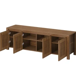 55" Shoe Storage Bench, 2-Tier Mid-Century Modern Entryway Bench with Slatted Doors for Living Room