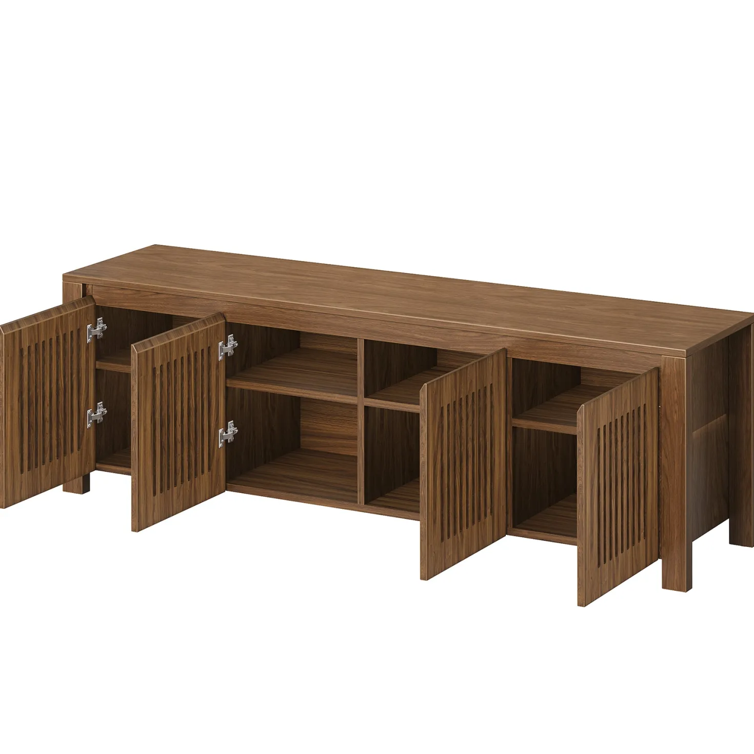 55" Shoe Storage Bench, 2-Tier Mid-Century Modern Entryway Bench with Slatted Doors for Living Room