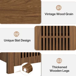 55" Shoe Storage Bench, 2-Tier Mid-Century Modern Entryway Bench with Slatted Doors for Living Room