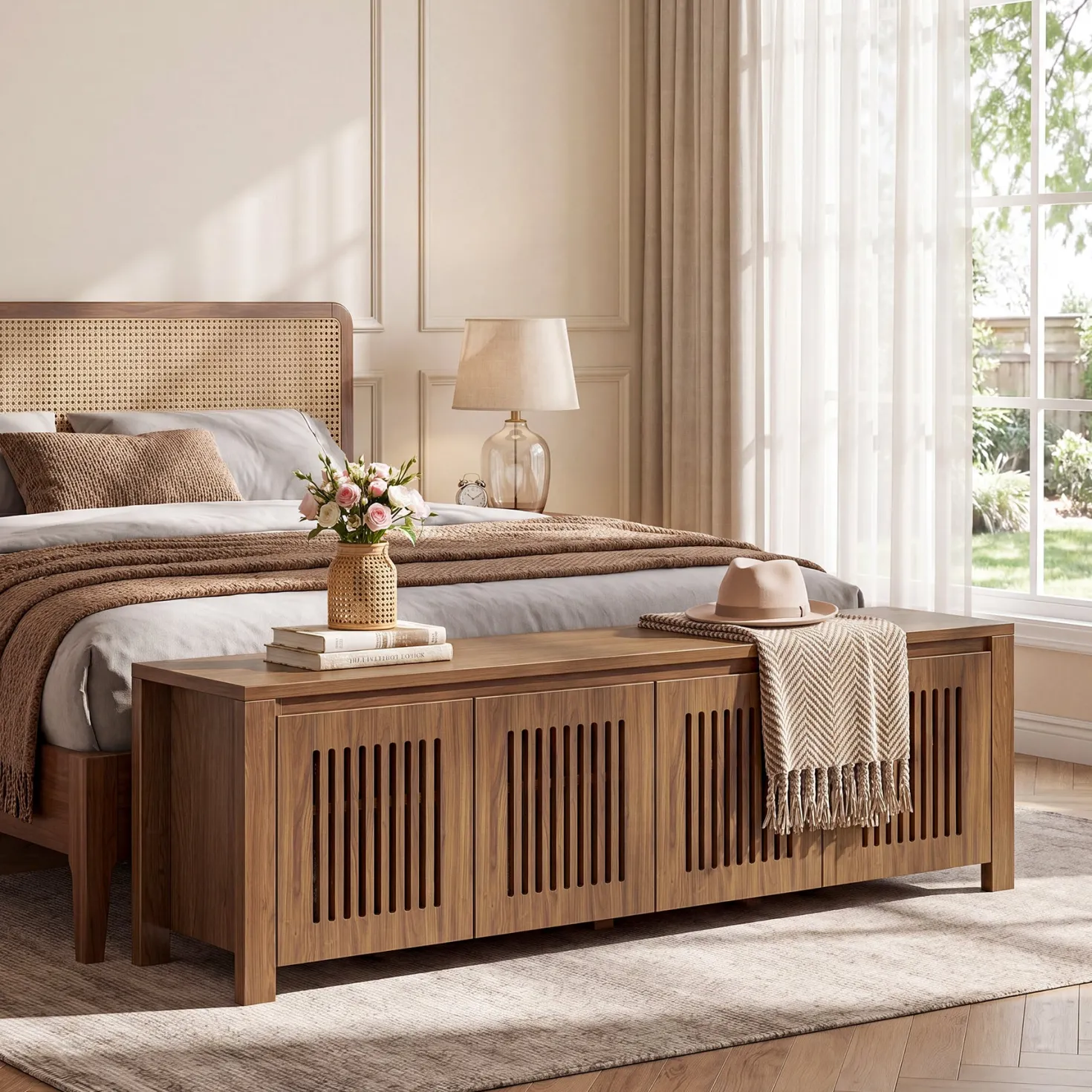 55" Shoe Storage Bench, 2-Tier Mid-Century Modern Entryway Bench with Slatted Doors for Living Room