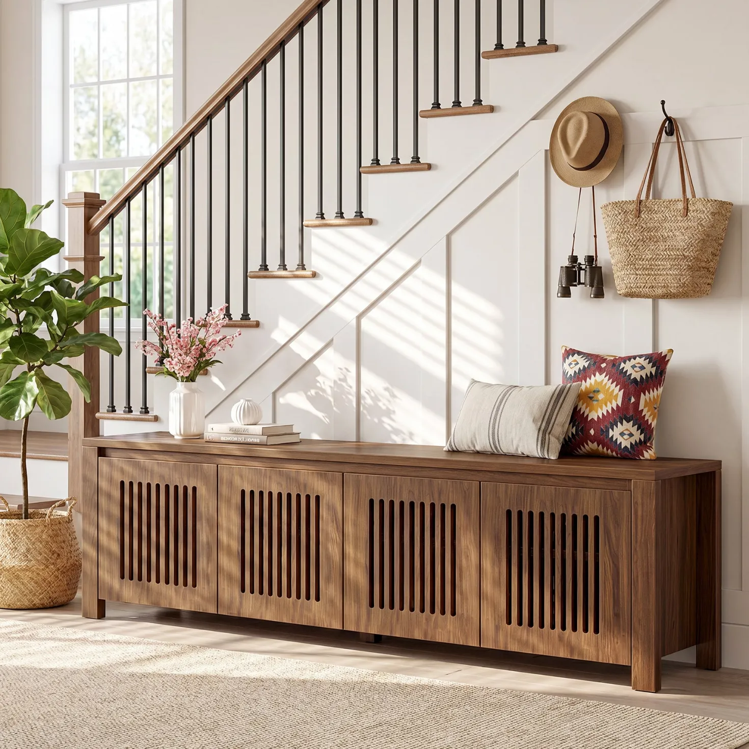 55" Shoe Storage Bench, 2-Tier Mid-Century Modern Entryway Bench with Slatted Doors for Living Room