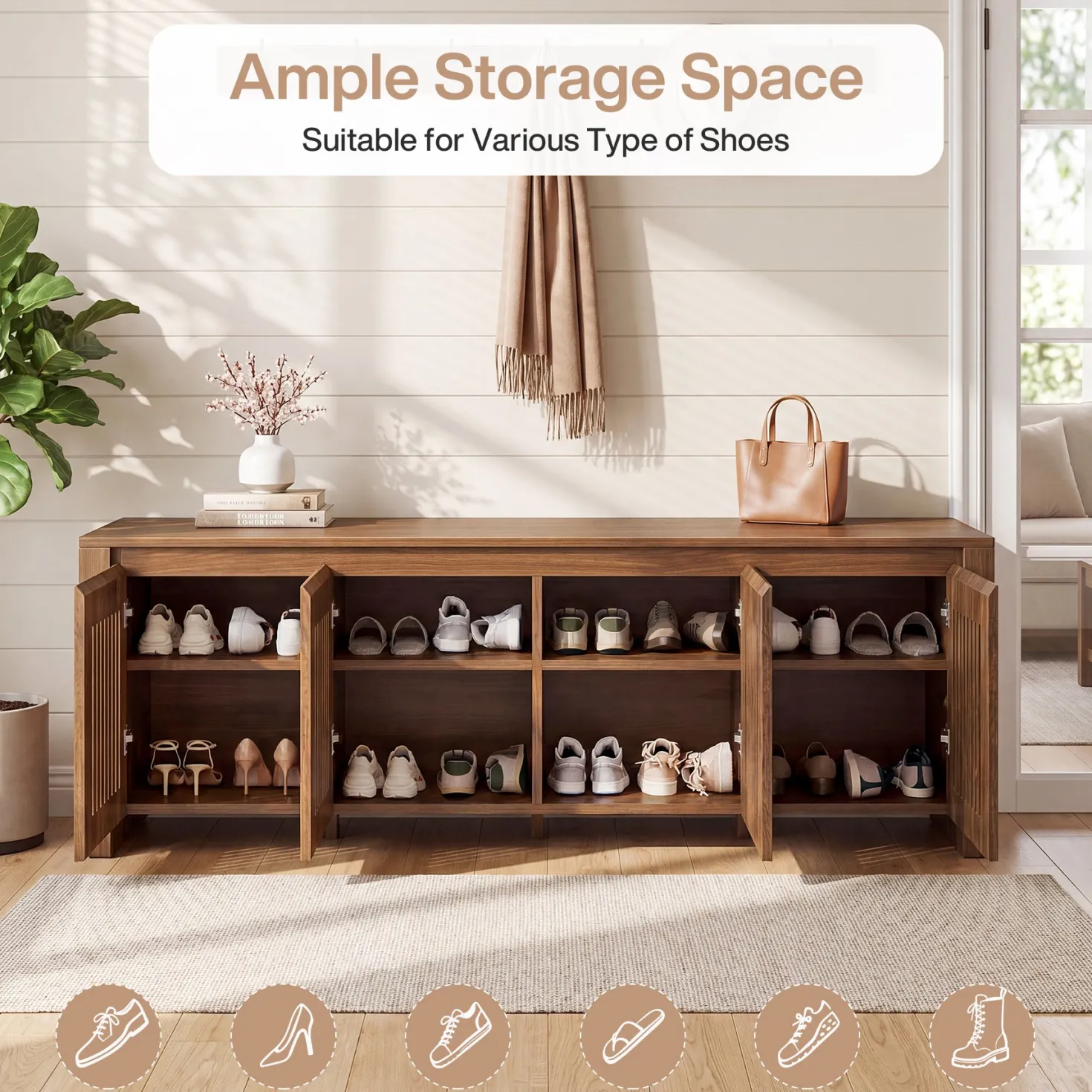 55" Shoe Storage Bench, 2-Tier Mid-Century Modern Entryway Bench with Slatted Doors for Living Room