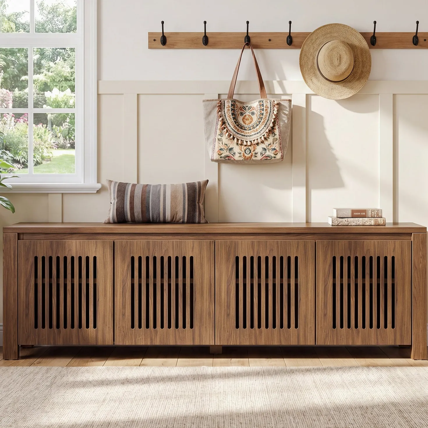 55" Shoe Storage Bench, 2-Tier Mid-Century Modern Entryway Bench with Slatted Doors for Living Room