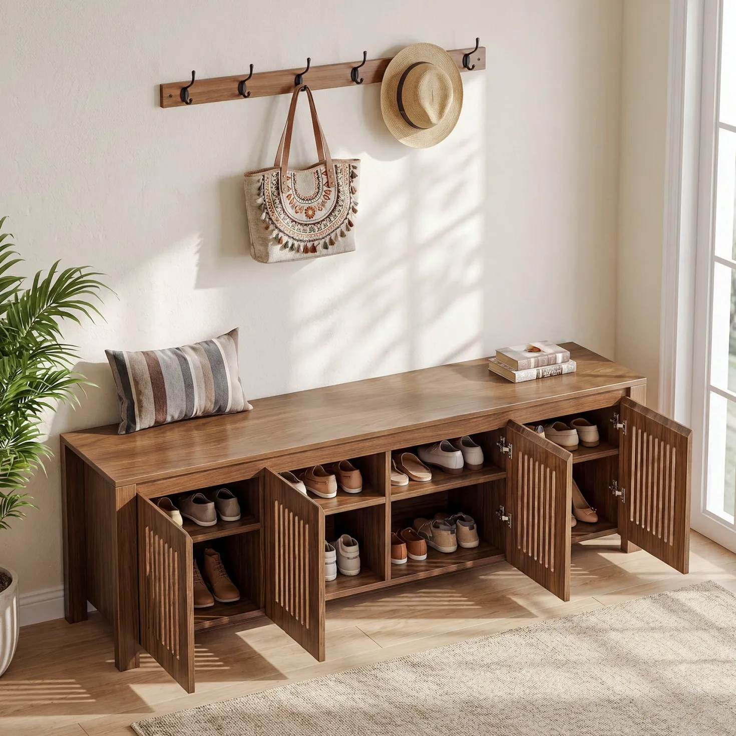 55" Shoe Storage Bench, 2-Tier Mid-Century Modern Entryway Bench with Slatted Doors for Living Room