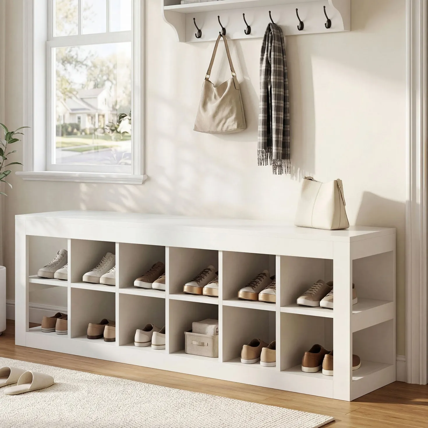 52.36" Shoe Storage Bench with 12 Cubbies, Wooden Entryway Bench for Hallway