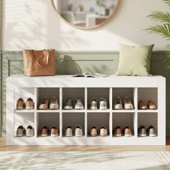 52.36" Shoe Storage Bench with 12 Cubbies, Wooden Entryway Bench for Hallway