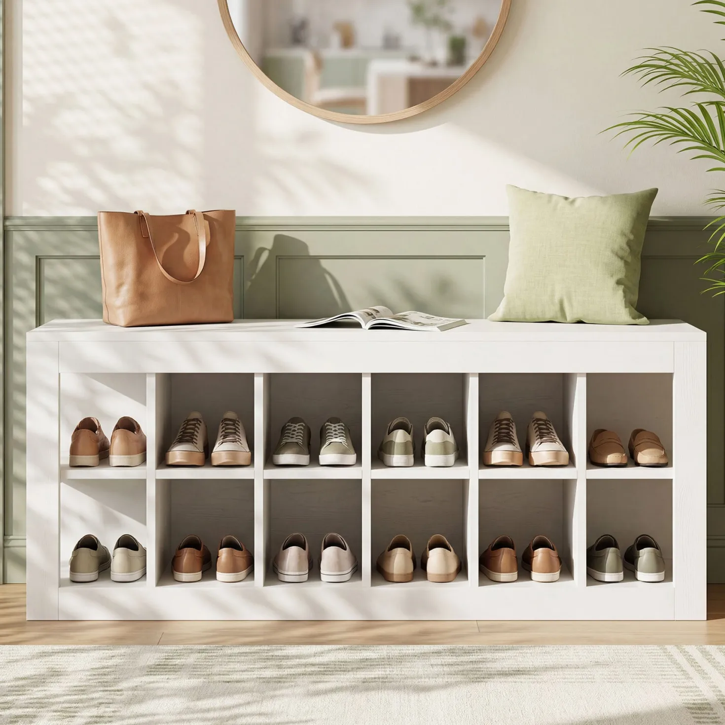 52.36" Shoe Storage Bench with 12 Cubbies, Wooden Entryway Bench for Hallway