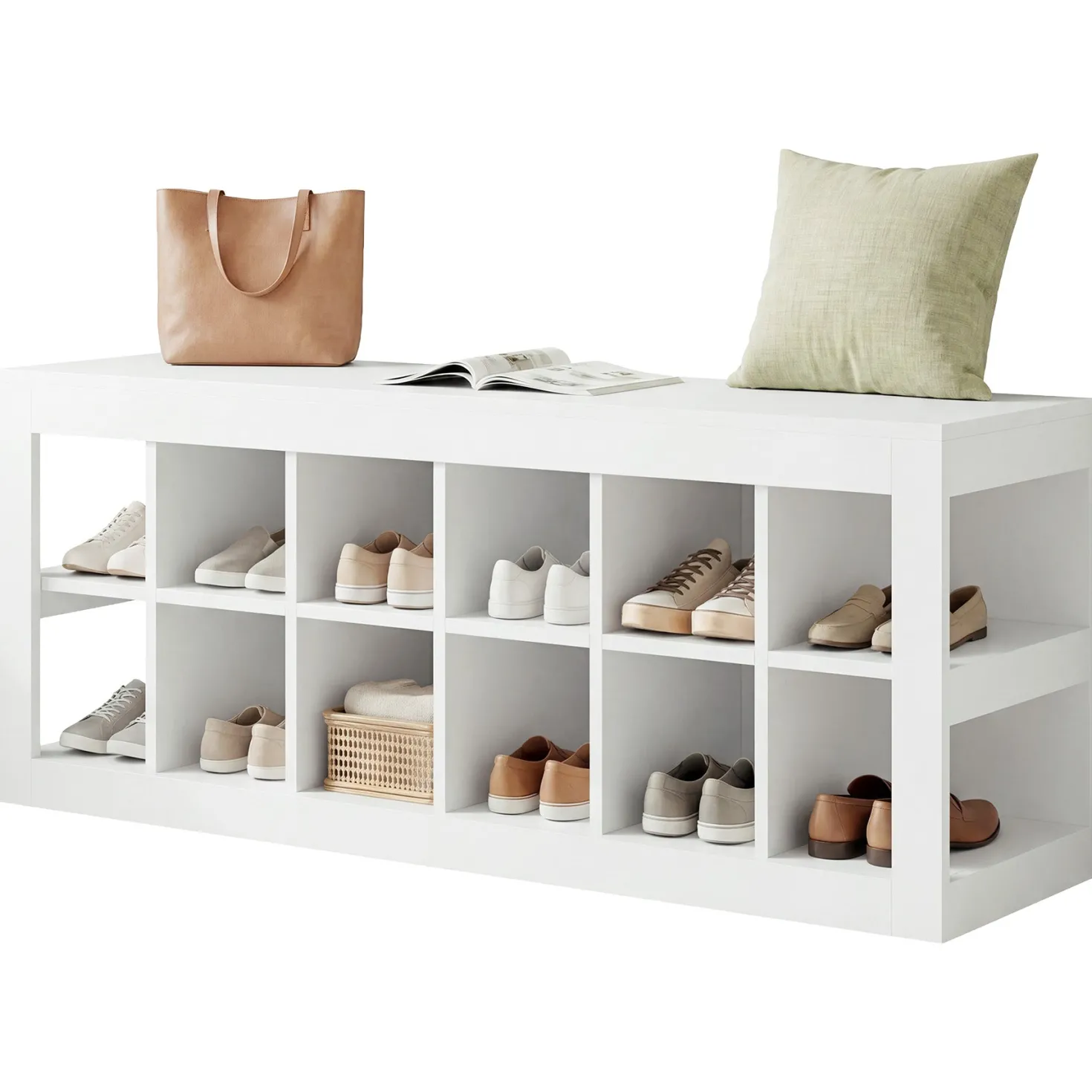 52.36" Shoe Storage Bench with 12 Cubbies, Wooden Entryway Bench for Hallway
