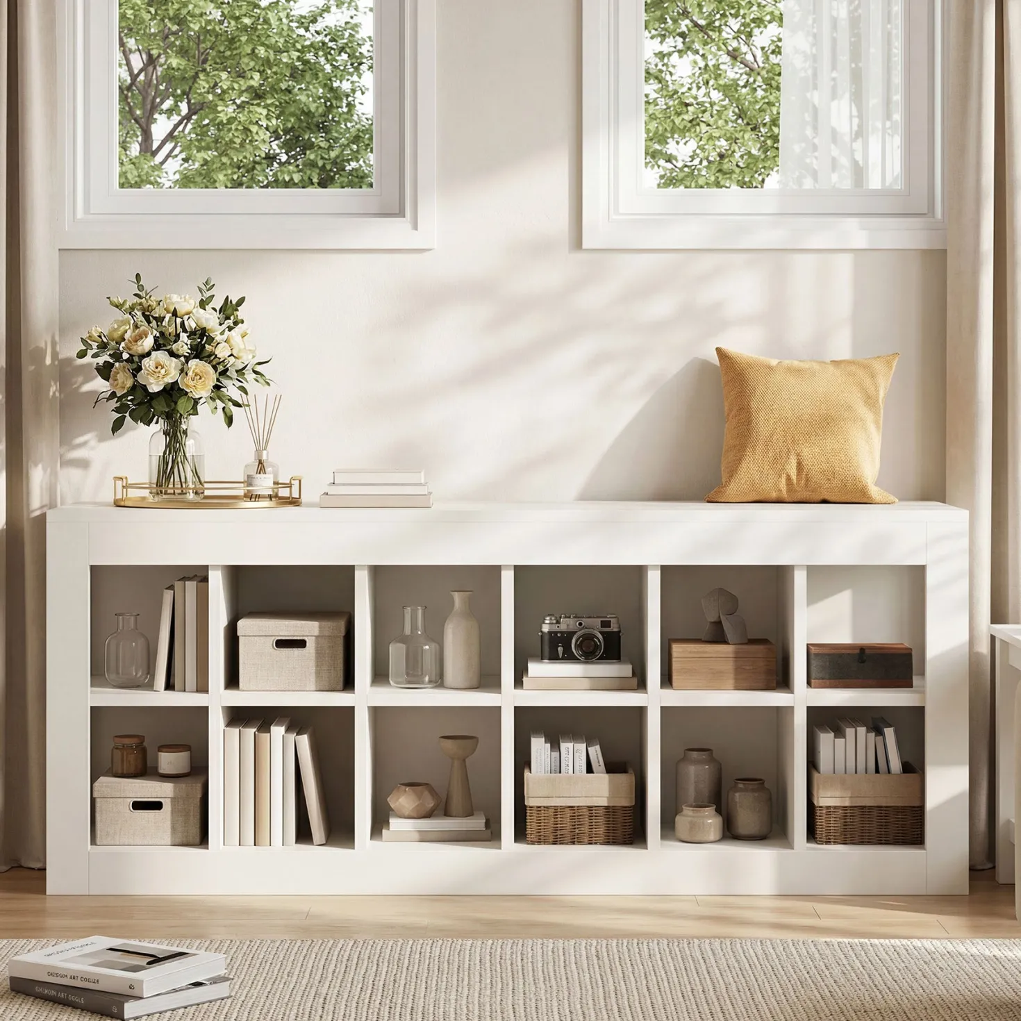 52.36" Shoe Storage Bench with 12 Cubbies, Wooden Entryway Bench for Hallway