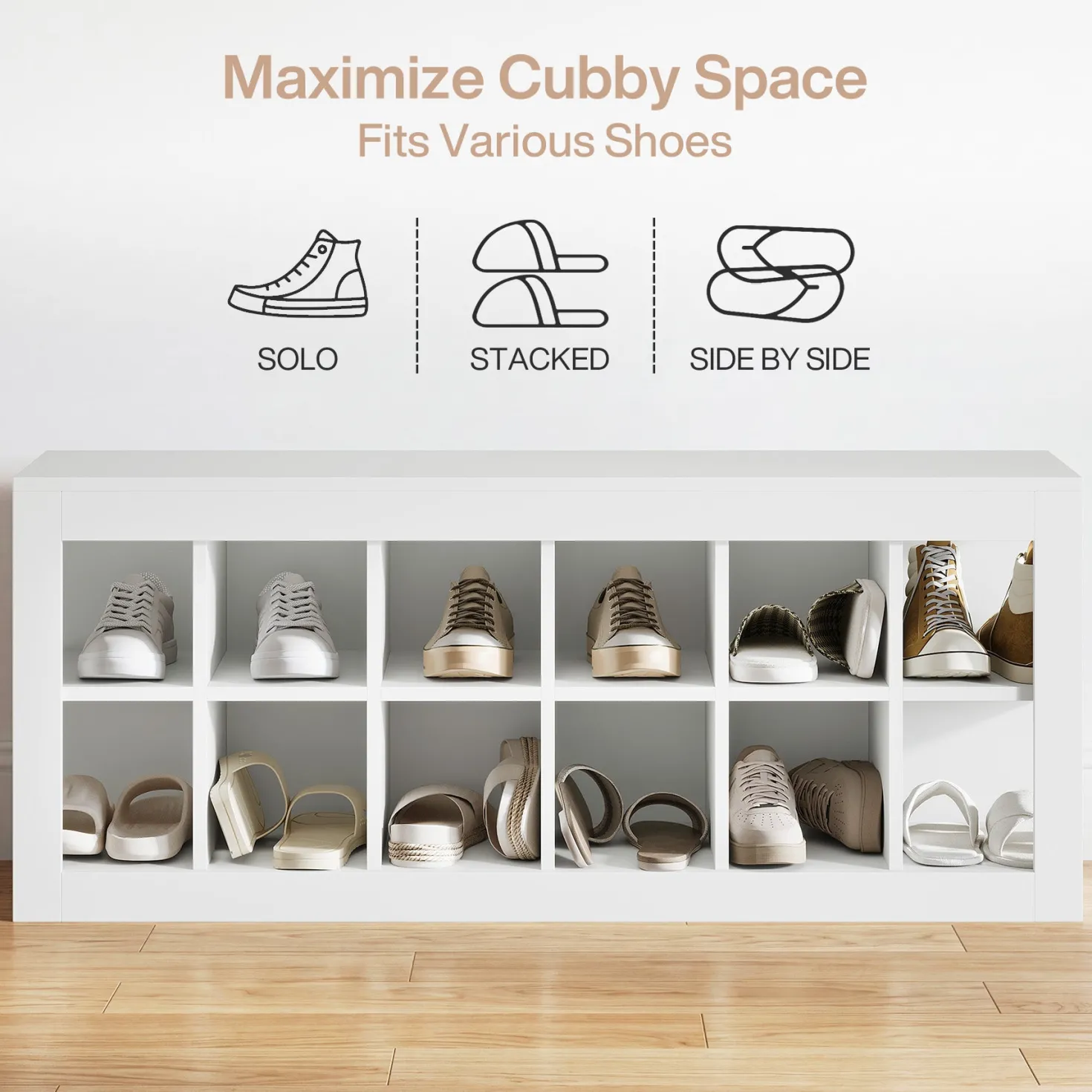 52.36" Shoe Storage Bench with 12 Cubbies, Wooden Entryway Bench for Hallway