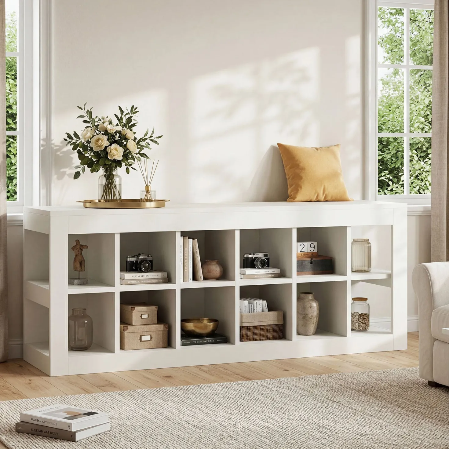52.36" Shoe Storage Bench with 12 Cubbies, Wooden Entryway Bench for Hallway
