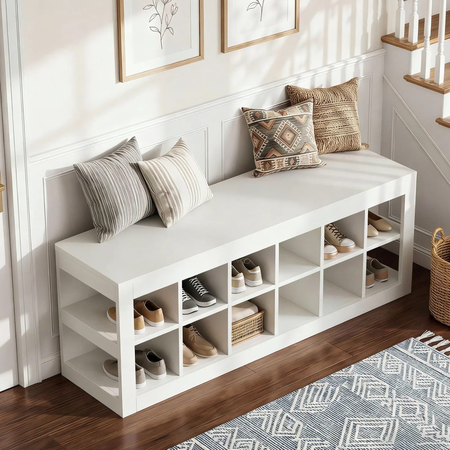 52.36" Shoe Storage Bench with 12 Cubbies, Wooden Entryway Bench for Hallway