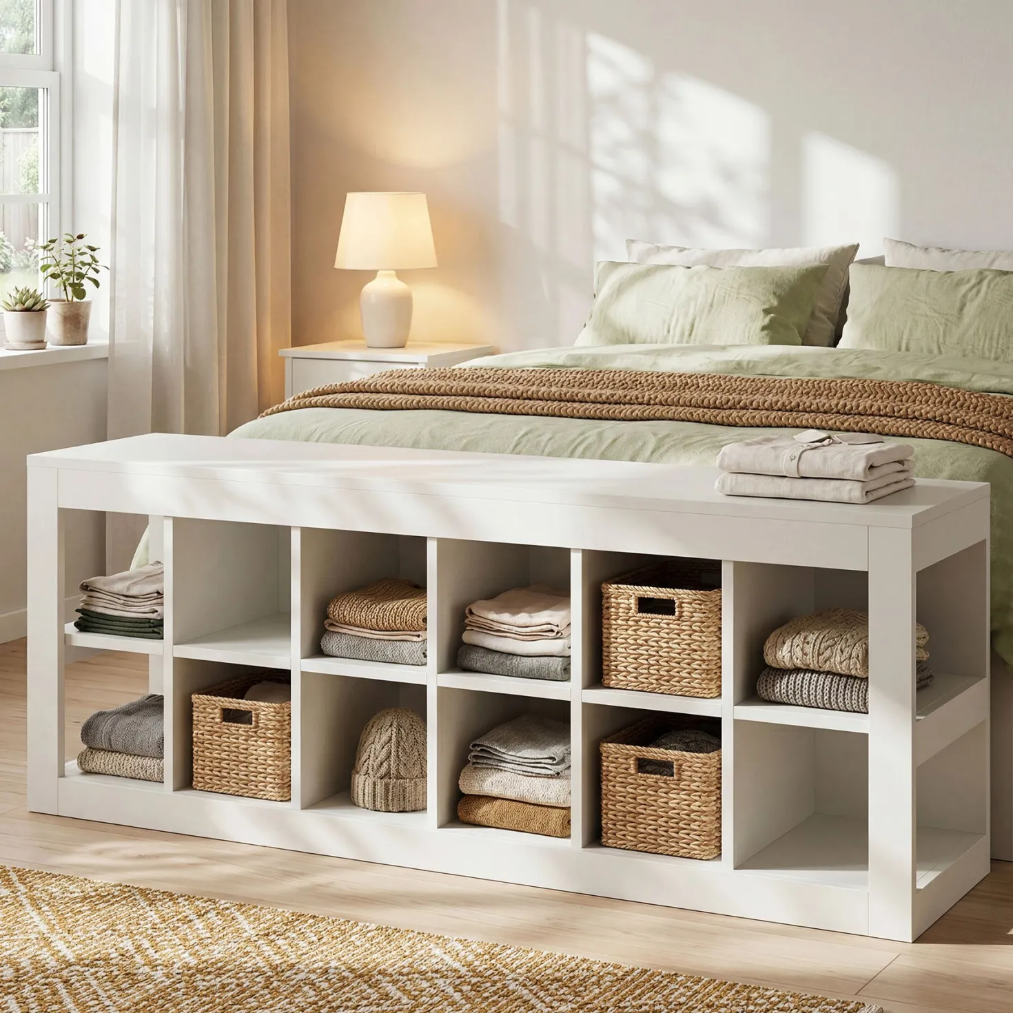 52.36" Shoe Storage Bench with 12 Cubbies, Wooden Entryway Bench for Hallway