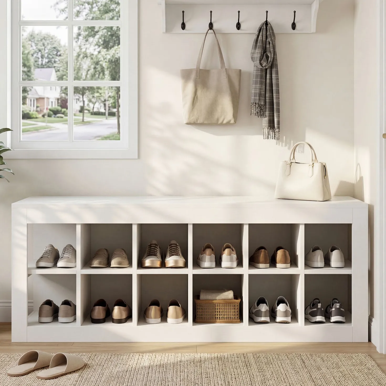 52.36" Shoe Storage Bench with 12 Cubbies, Wooden Entryway Bench for Hallway