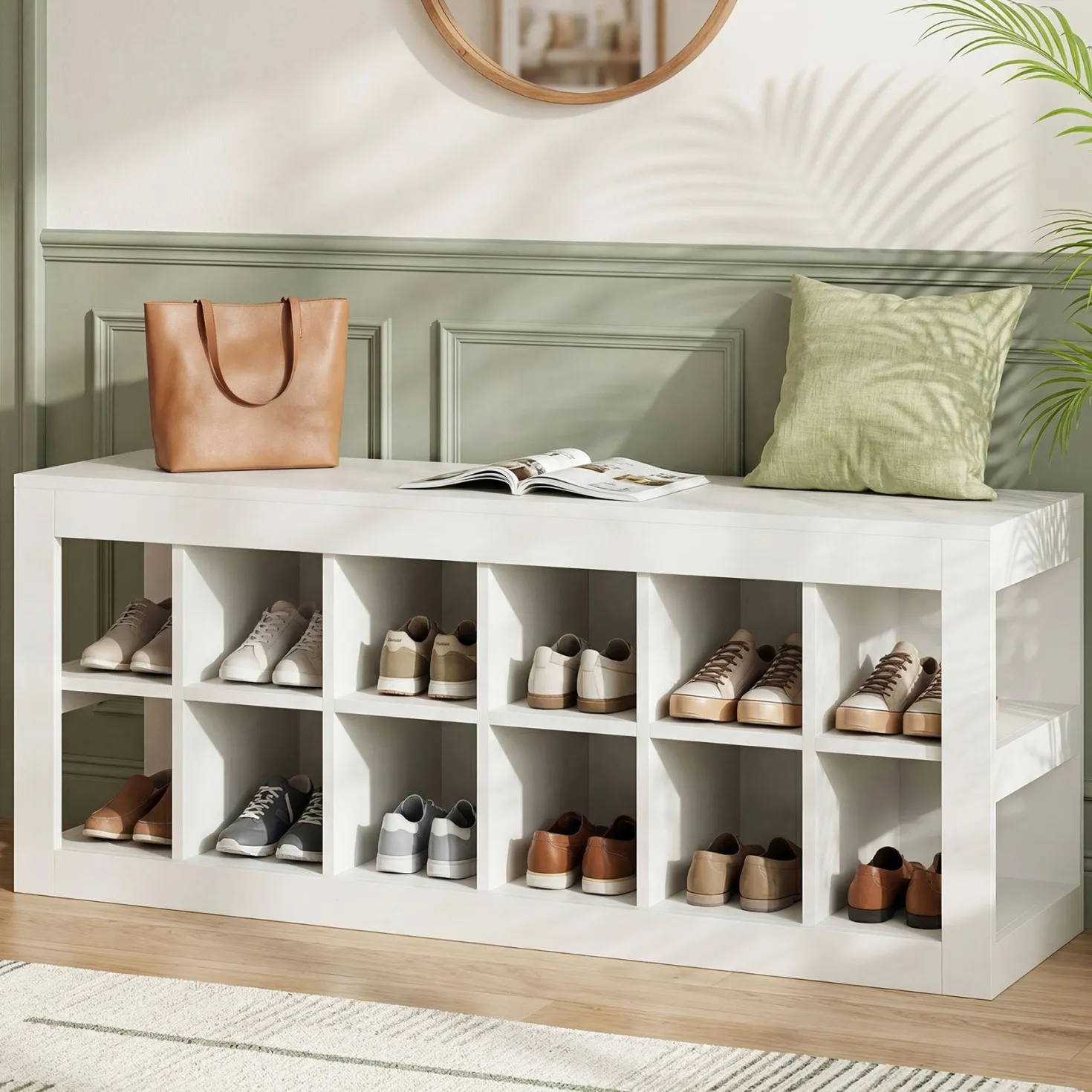 52.36" Shoe Storage Bench with 12 Cubbies, Wooden Entryway Bench for Hallway