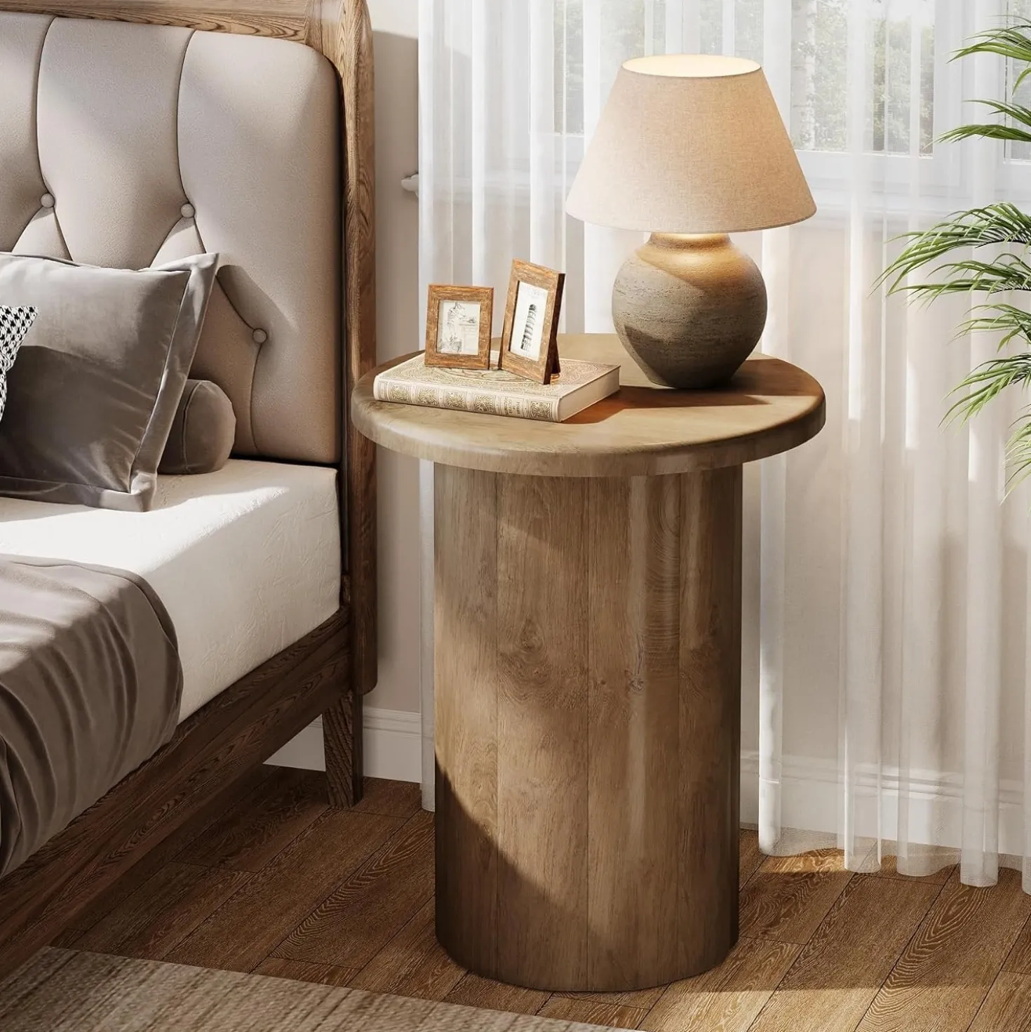 19.6" Side Table, Farmhouse Round End Table Nightstand with Fluted Base