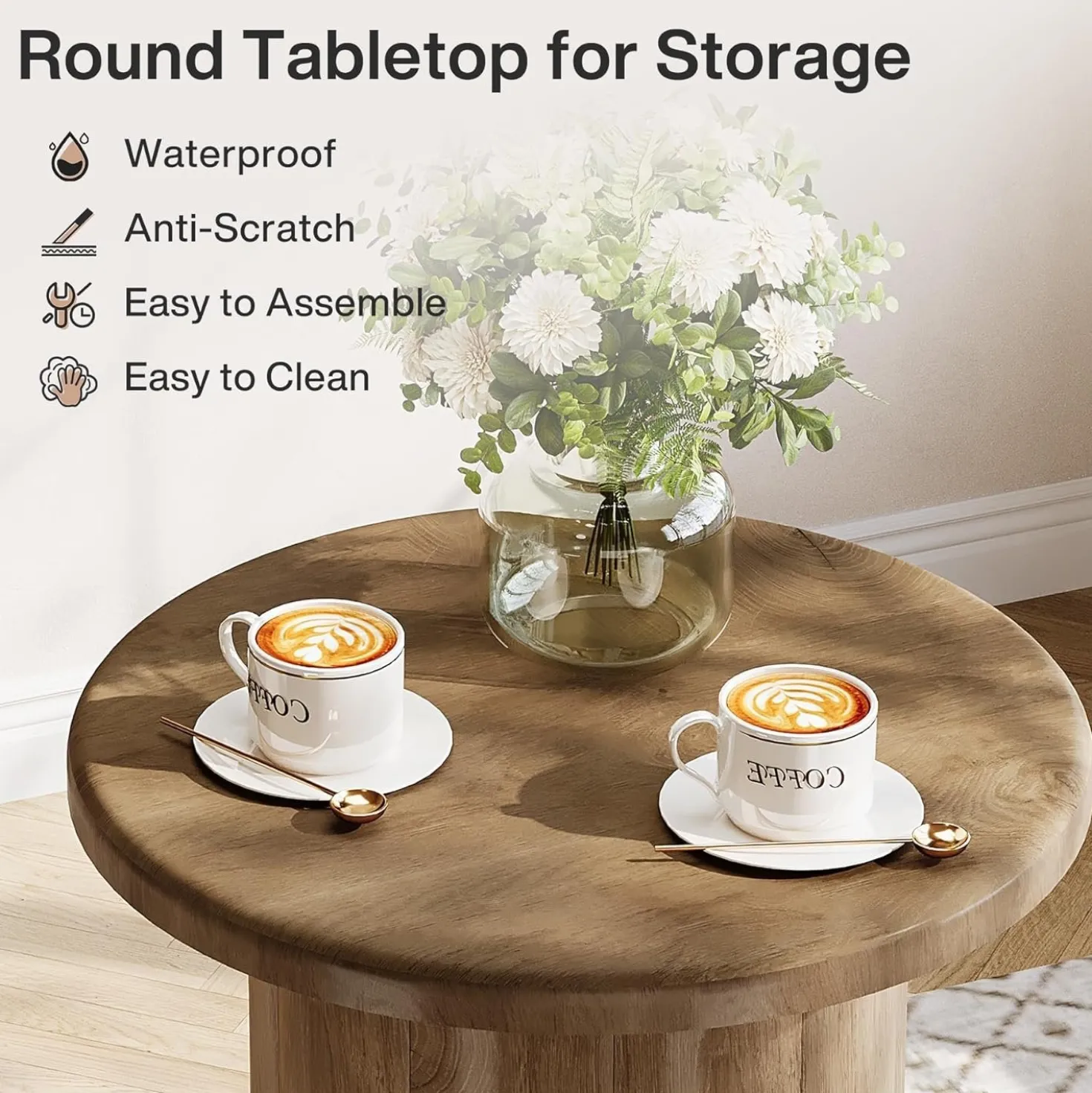 19.6" Side Table, Farmhouse Round End Table Nightstand with Fluted Base
