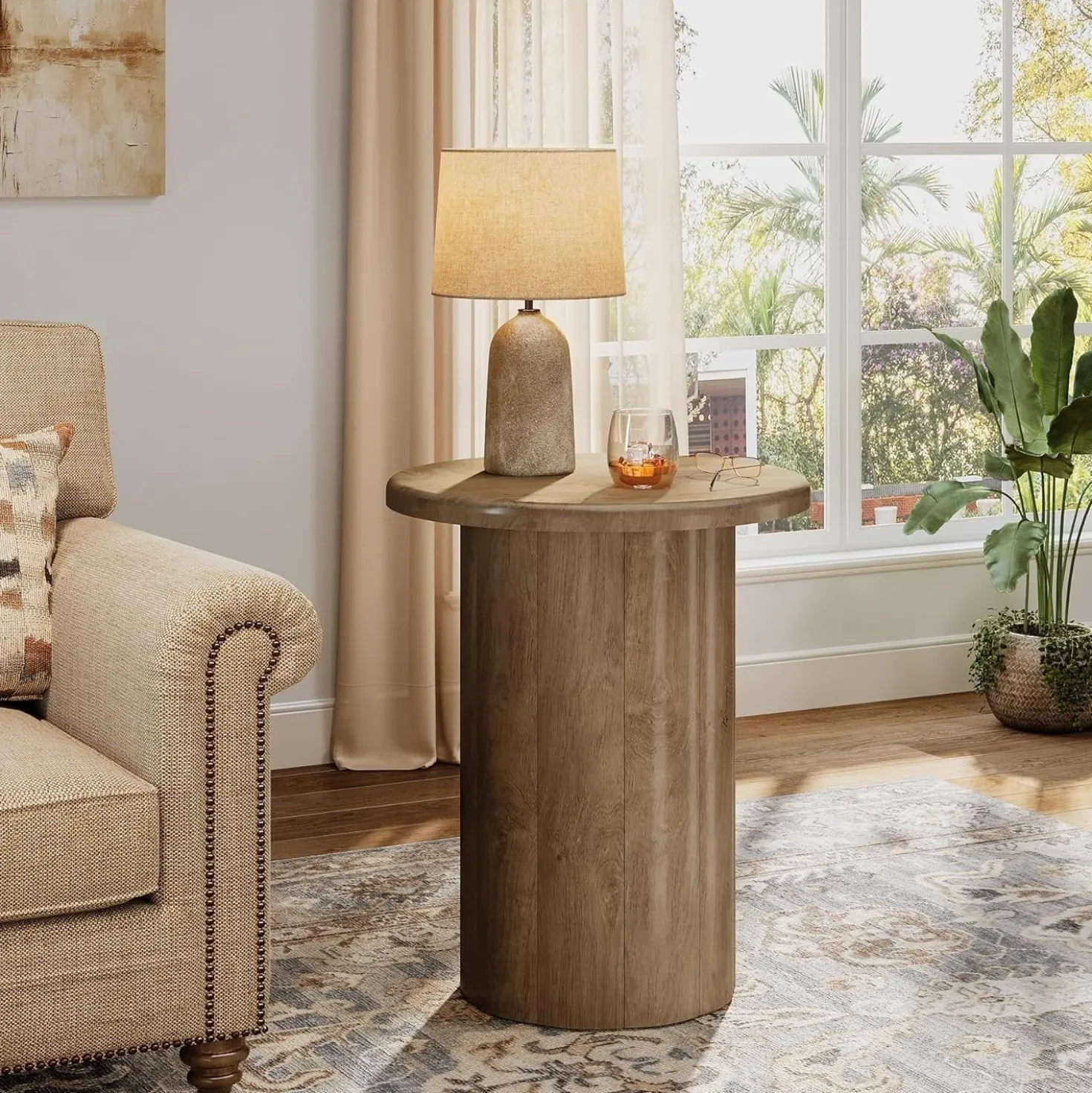 19.6" Side Table, Farmhouse Round End Table Nightstand with Fluted Base