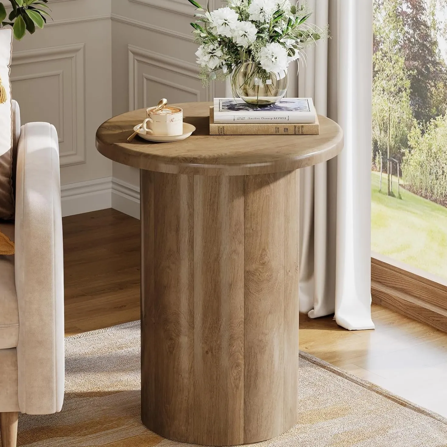 19.6" Side Table, Farmhouse Round End Table Nightstand with Fluted Base